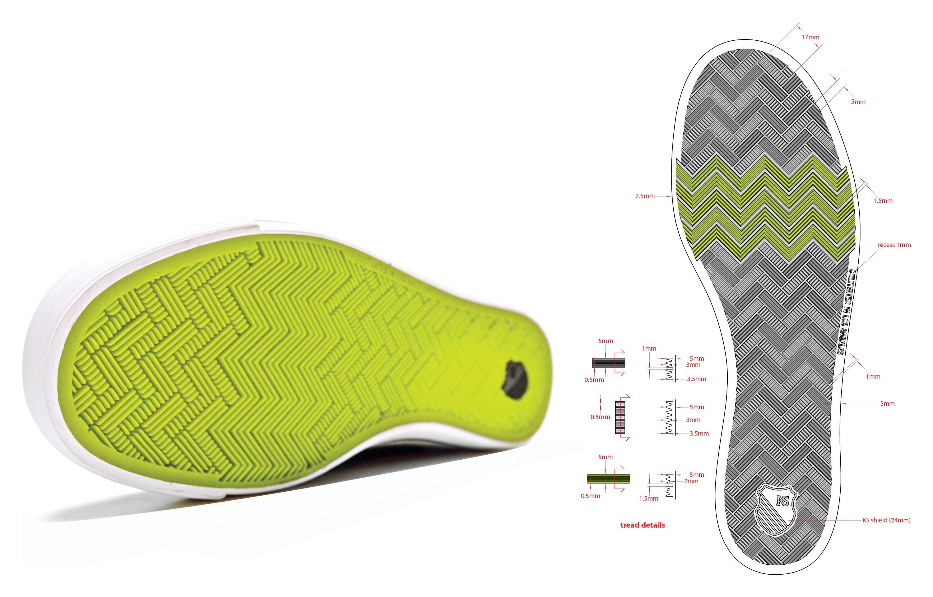 The neon yellow herringbone outsole of the HWD beside its blueprint, a grey herringbone tread with a neon yellow band, a KS shield and tread details.