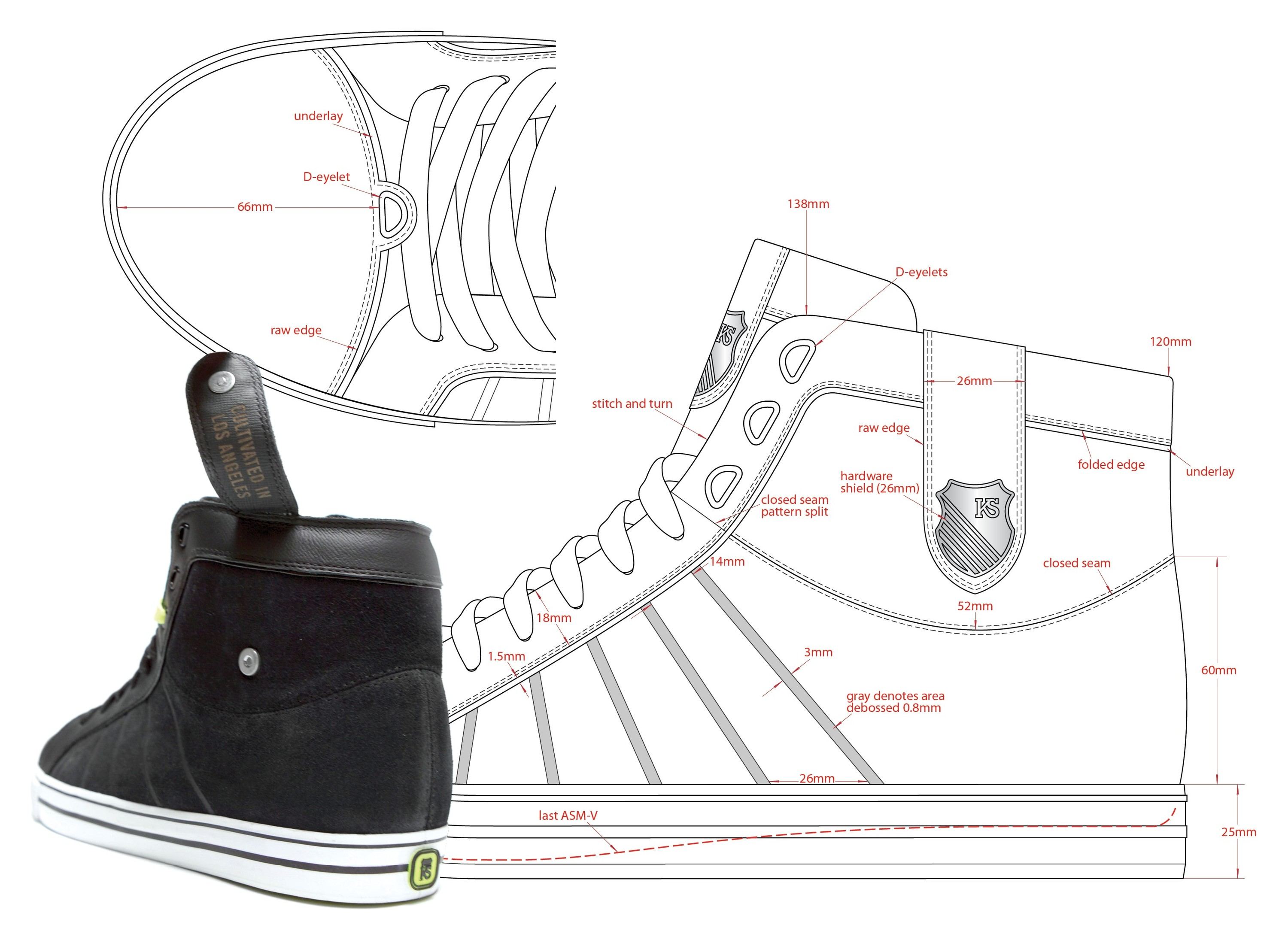 Tech drawings of the HWD Mid, side, heel, top and collar strap, beside the black sample from the back with its strap pulled up.