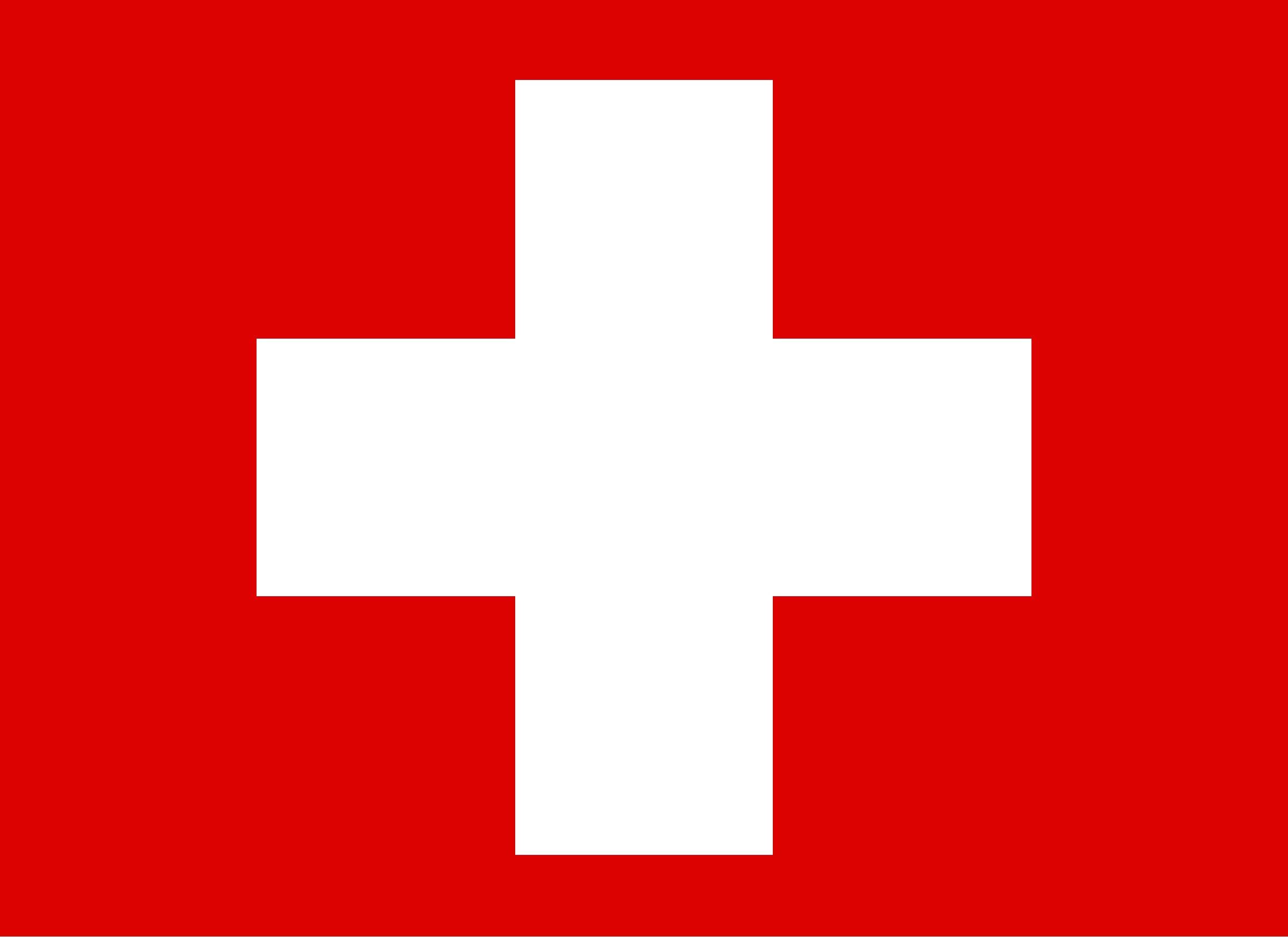 The Swiss flag, a white cross on red, filling the page.