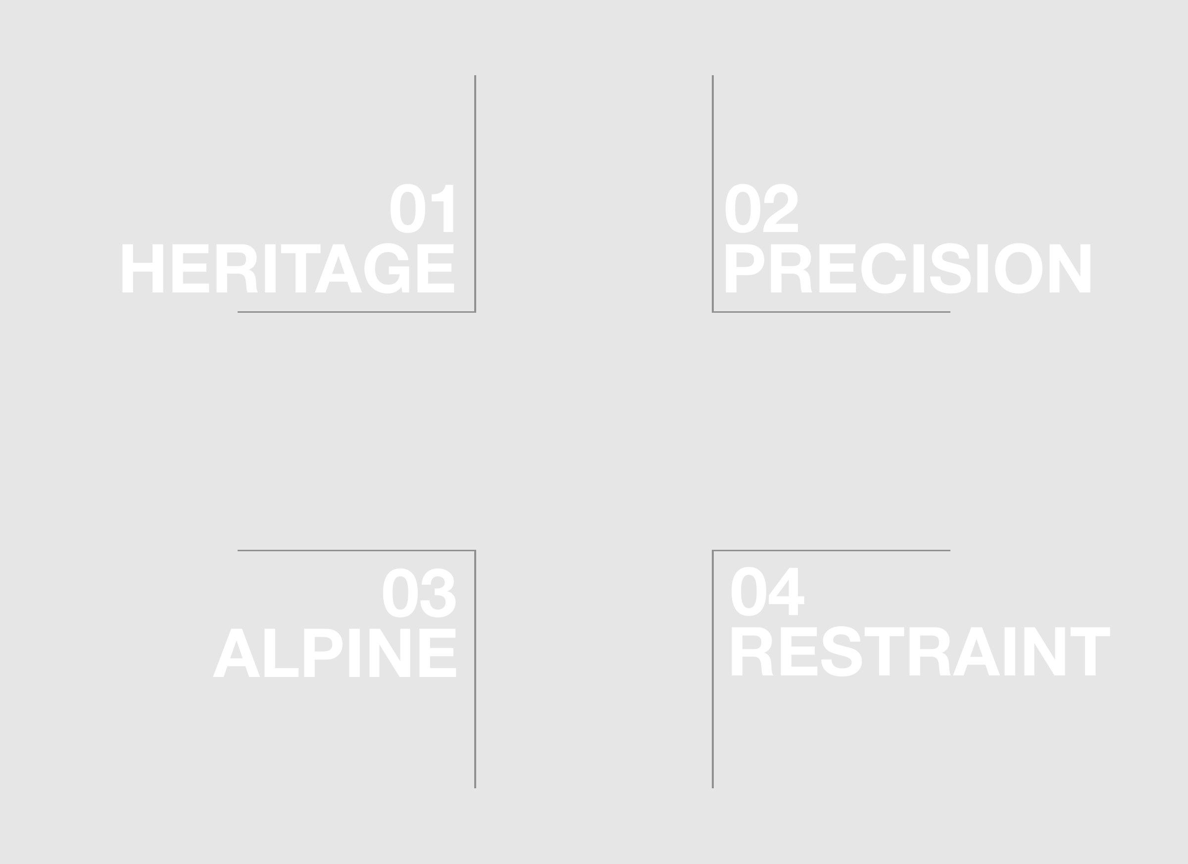Index page with the four principles, 01 Heritage, 02 Precision, 03 Alpine, and 04 Restraint, set around the arms of a cross in thin white lines on grey.