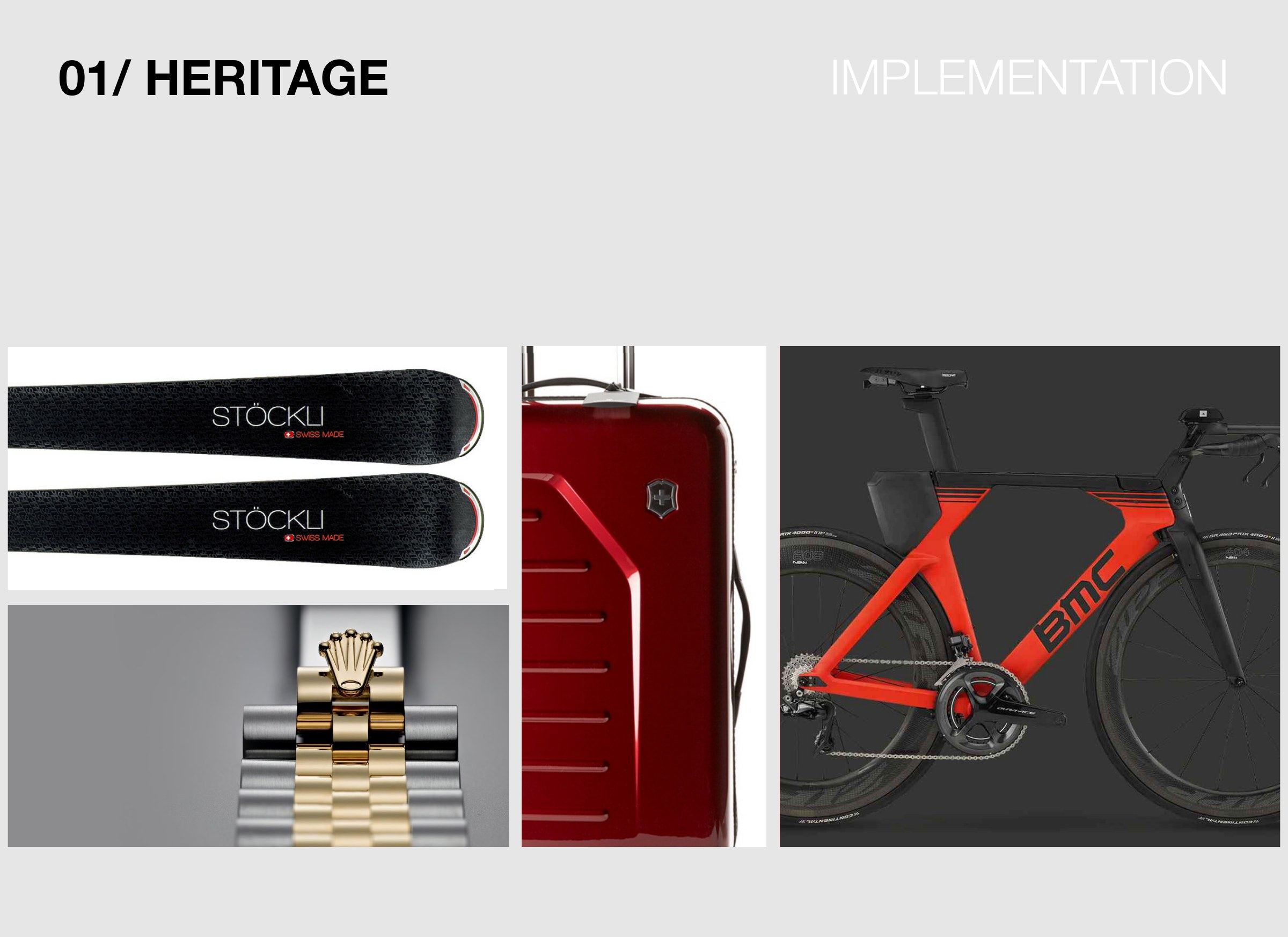 Heritage in practice, with black skis, a gold watch bracelet, a red suitcase, and a red and black racing bike.