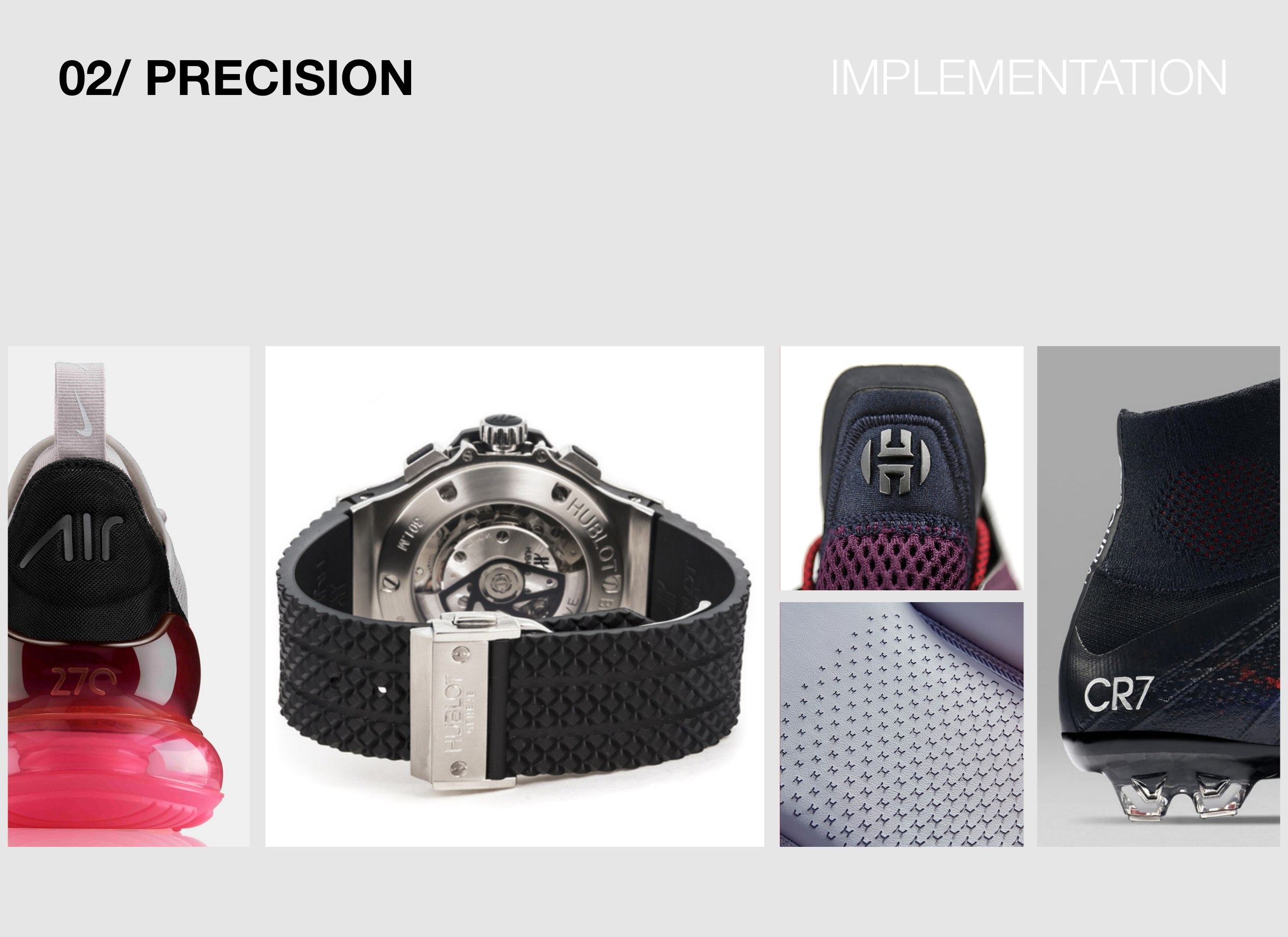 Precision in practice, with an air-cushioned heel, a watch on a textured rubber strap, knit uppers, and a football boot.