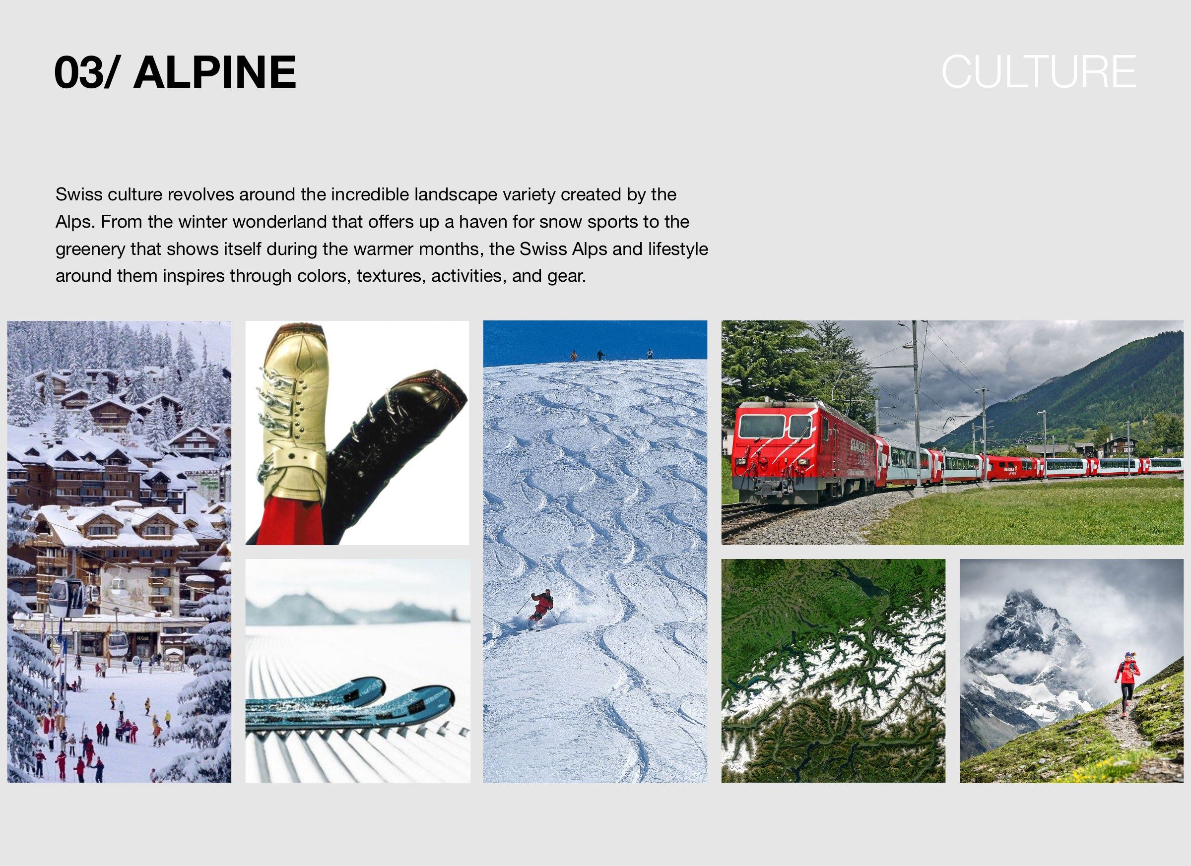 Alpine, culture, with a short text on the Swiss Alps above a snowy village, a red mitten, ski tracks, a mountain train, a skier, and green mountain trails.