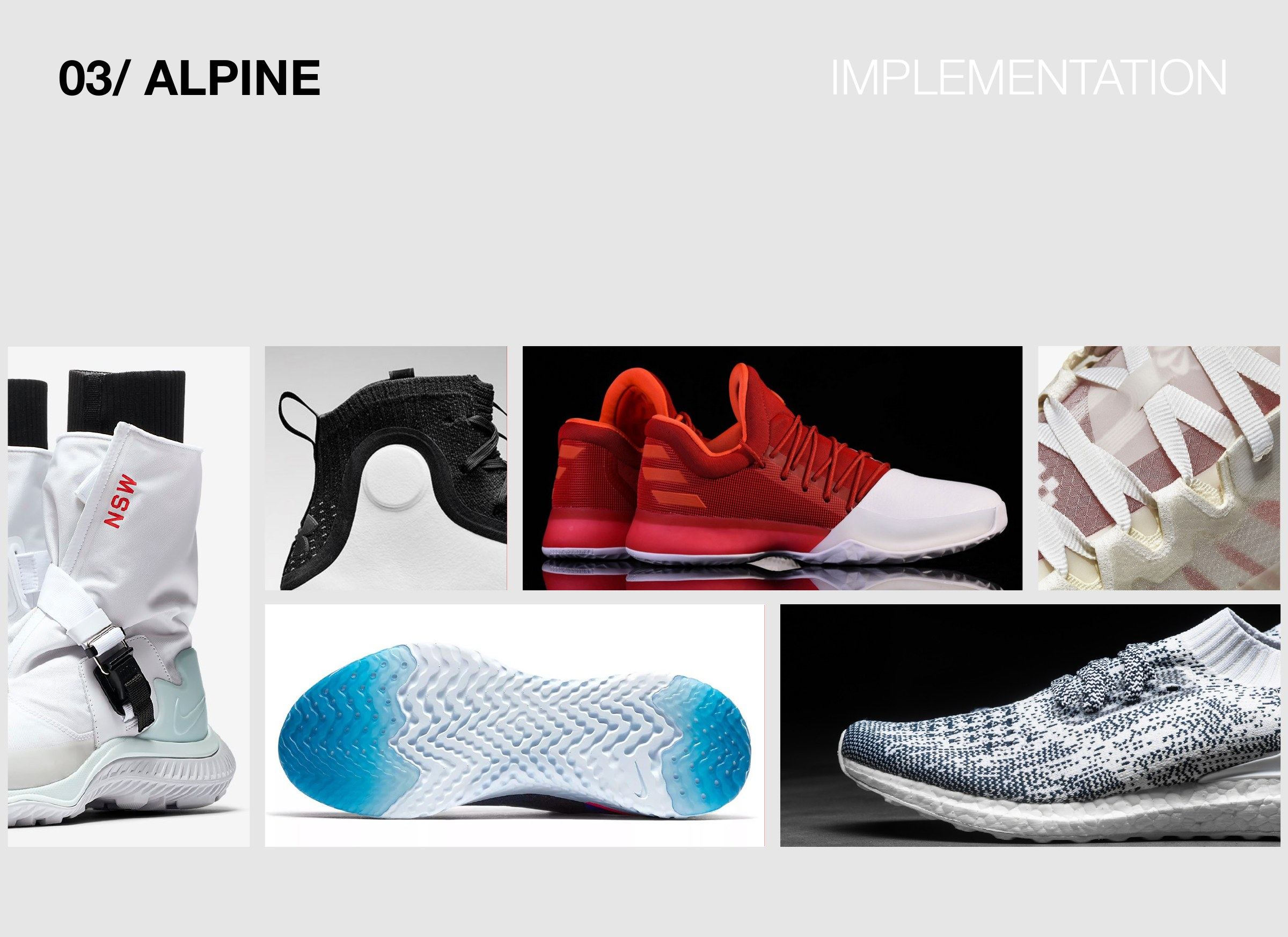 Alpine in practice, with a white winter boot, a red and white sneaker, a black strapped sandal, a blue and white sole, and a knit runner.