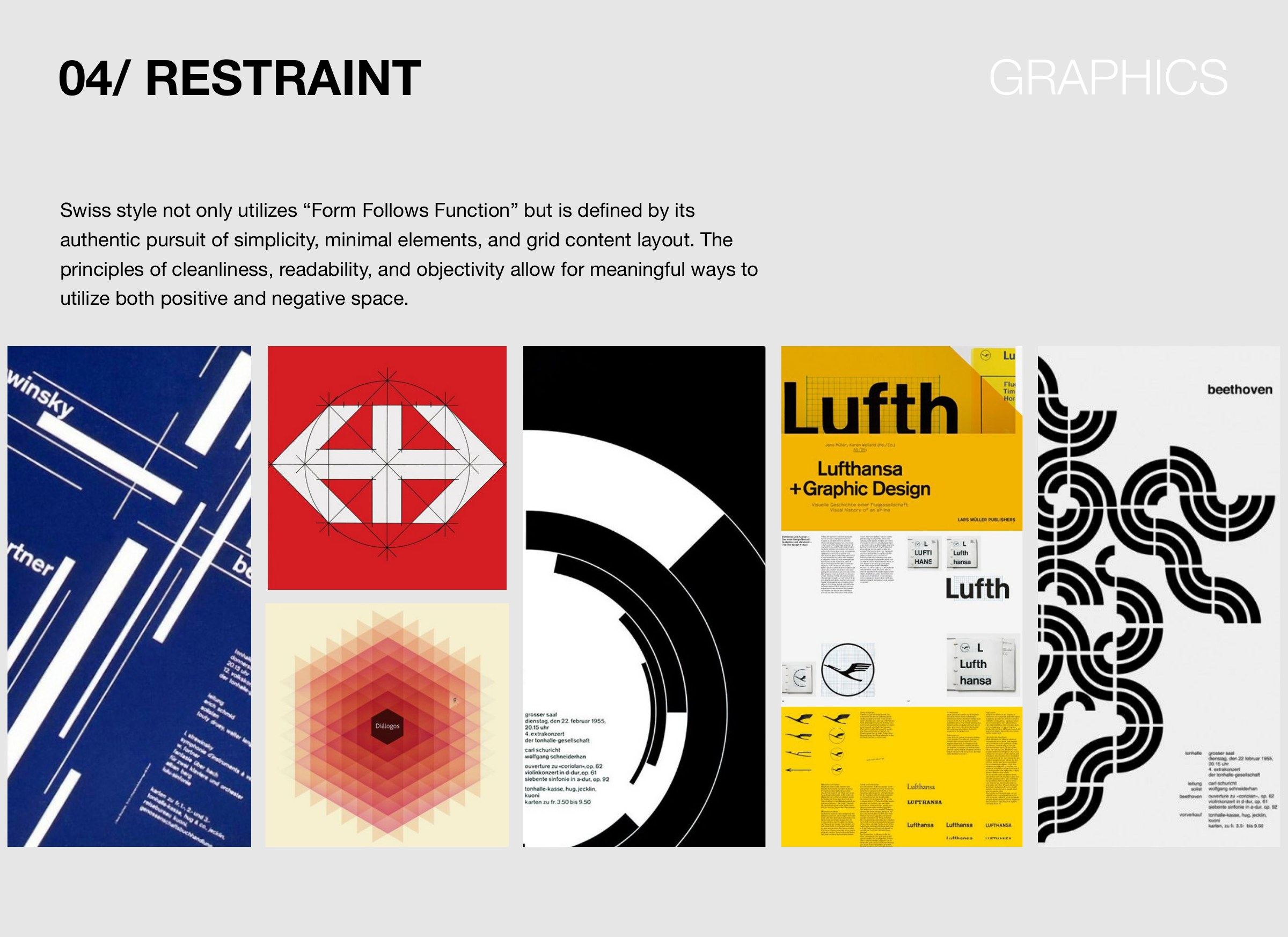 Restraint, graphics, with a short text on Swiss style above Swiss posters, a railway logo, a red hexagon pattern, and a yellow airline identity spread.