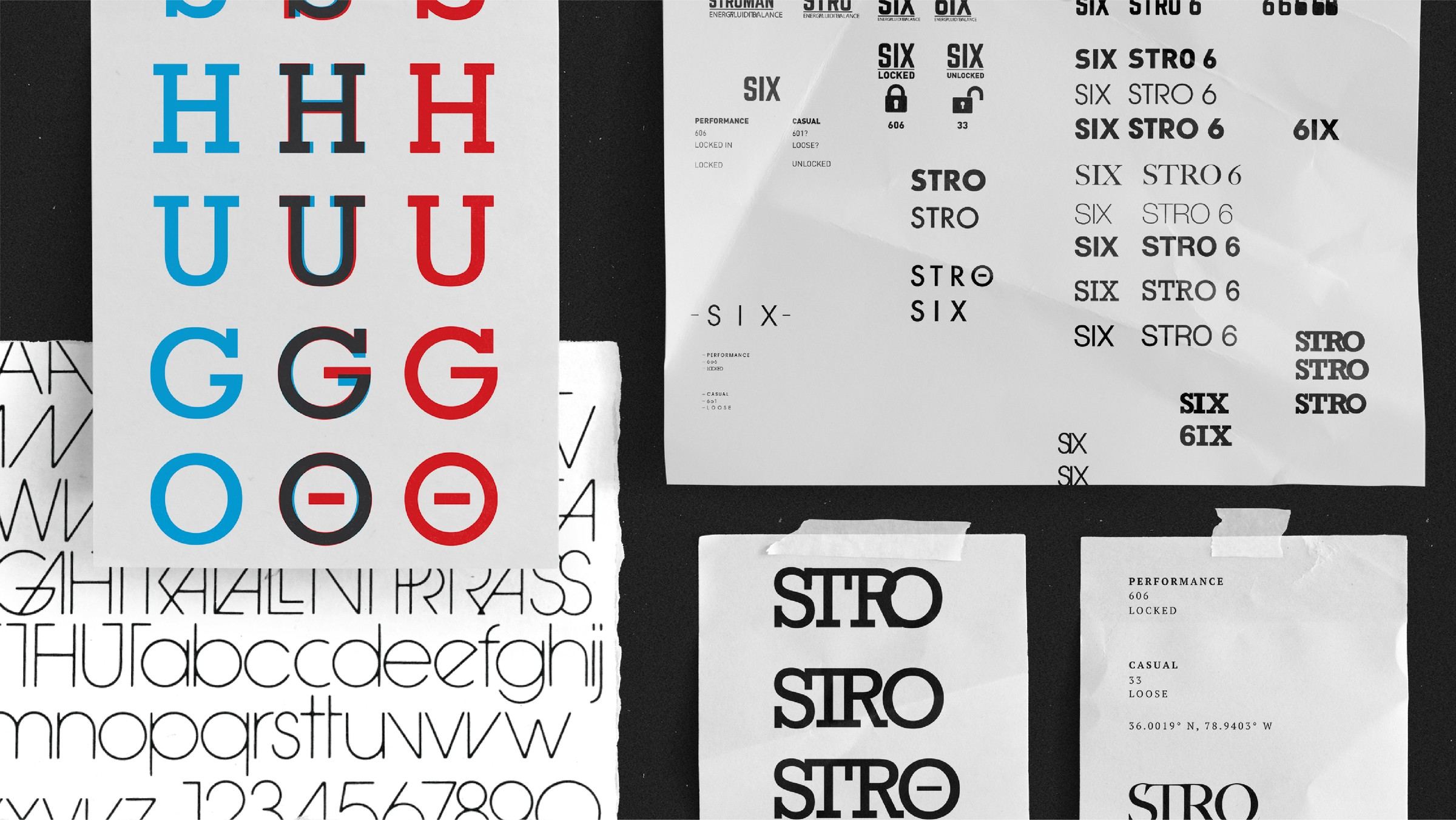 Type studies on paper, the SHUGO letters stacked in blue, black, and red with a slashed O, alphabet specimens, and STRO and SIX lockups.