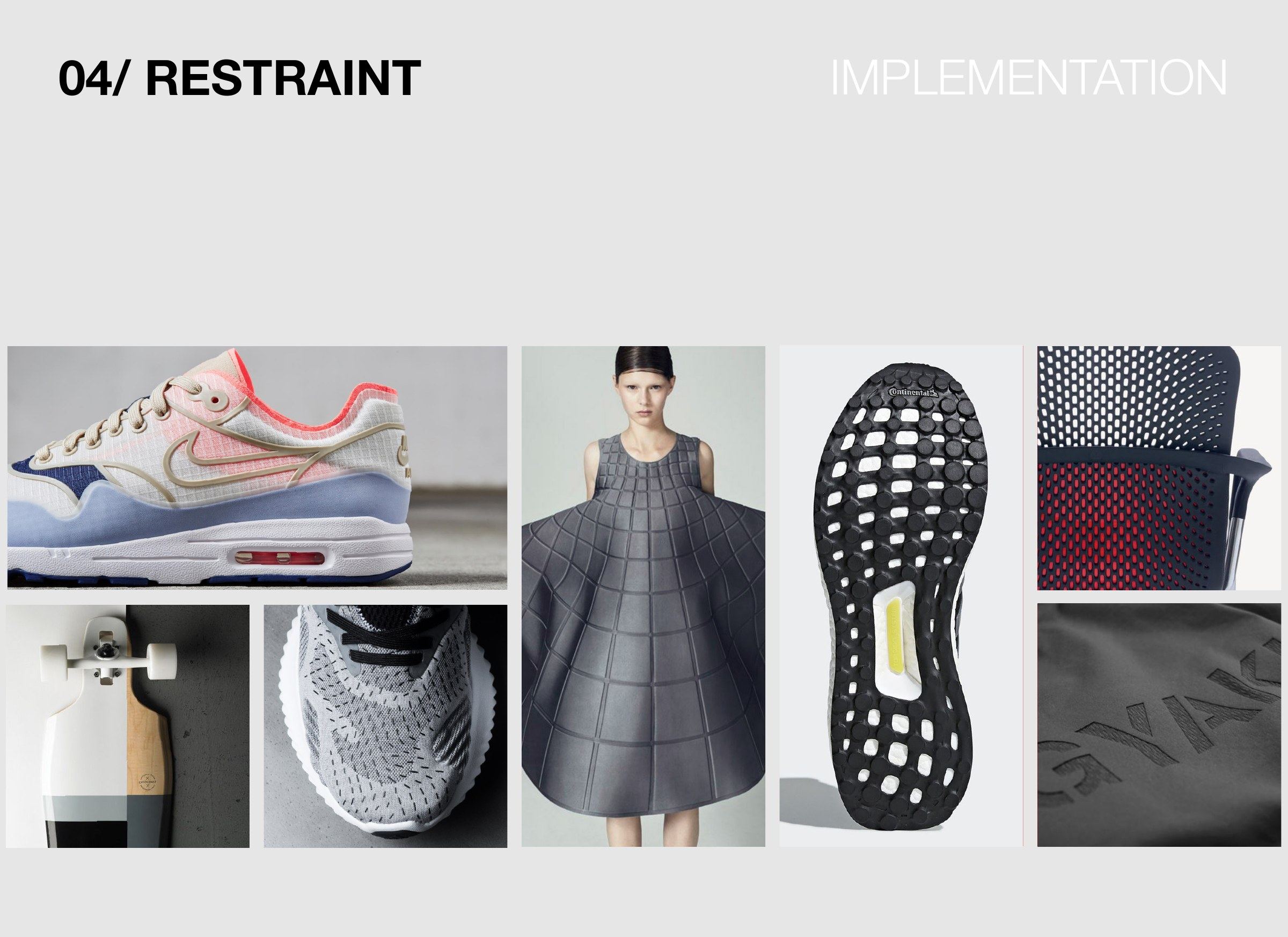 Restraint in practice, with a pastel sneaker, a grey pleated dress, a white outsole with a grid of lugs, a black and white skateboard, and red and black mesh.