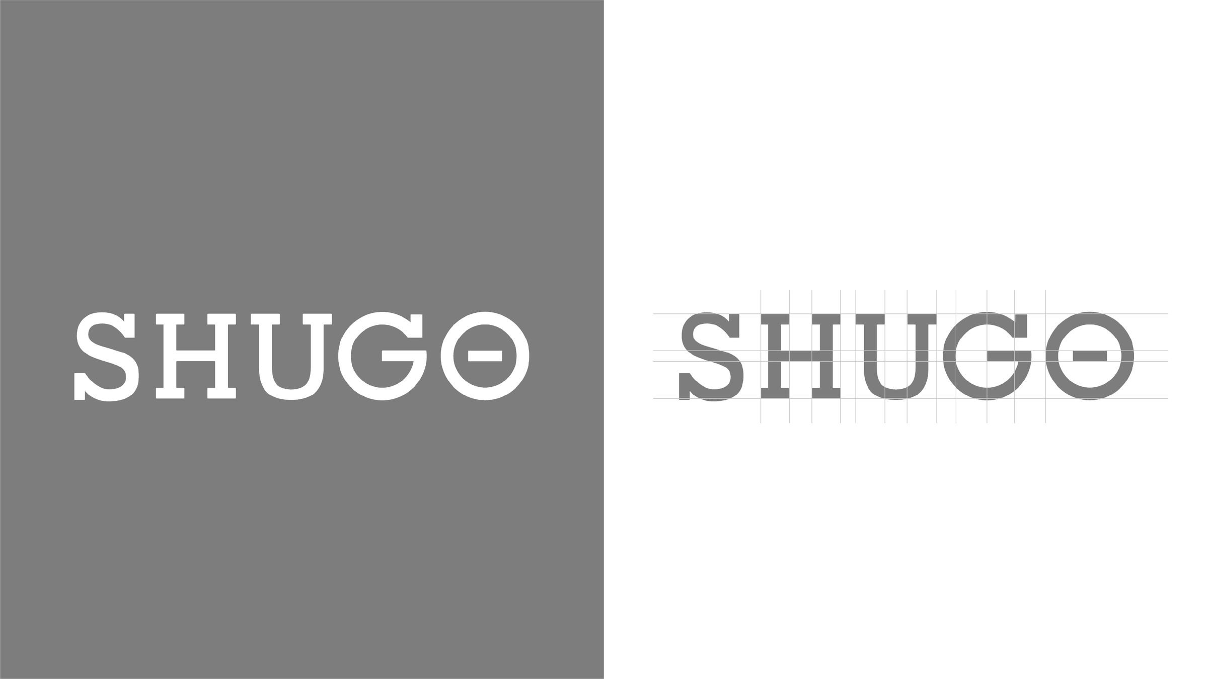The SHUGO wordmark in white on grey and in grey on white over its construction grid.