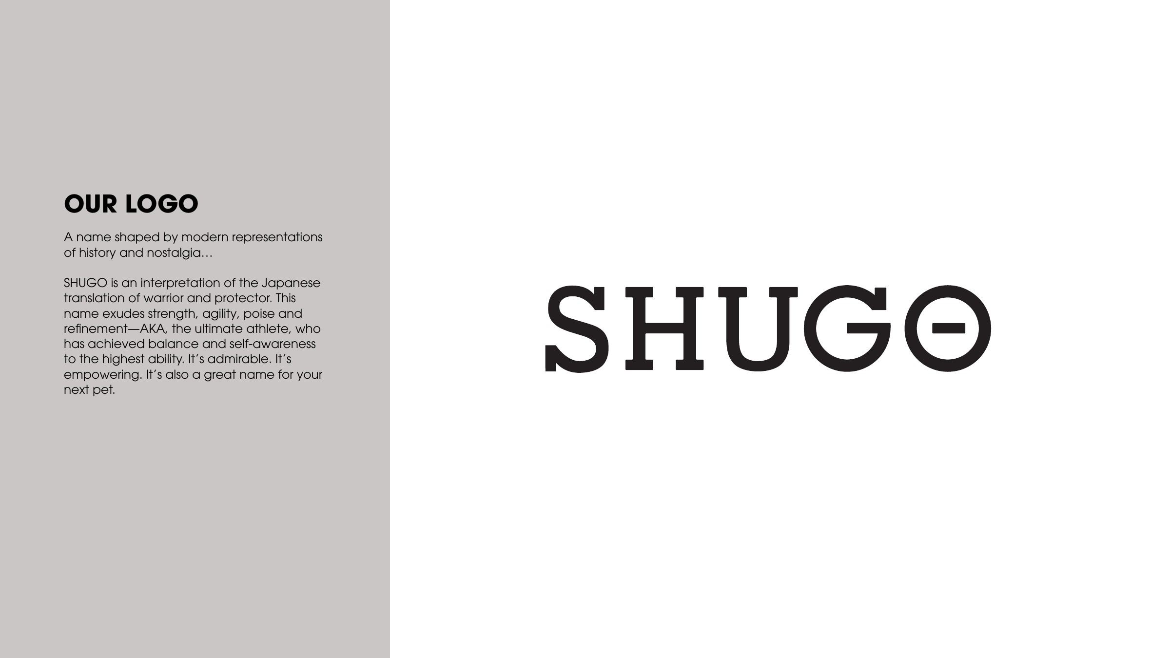 Our Logo page, the SHUGO wordmark beside a short text on its name, the Japanese for warrior and protector.