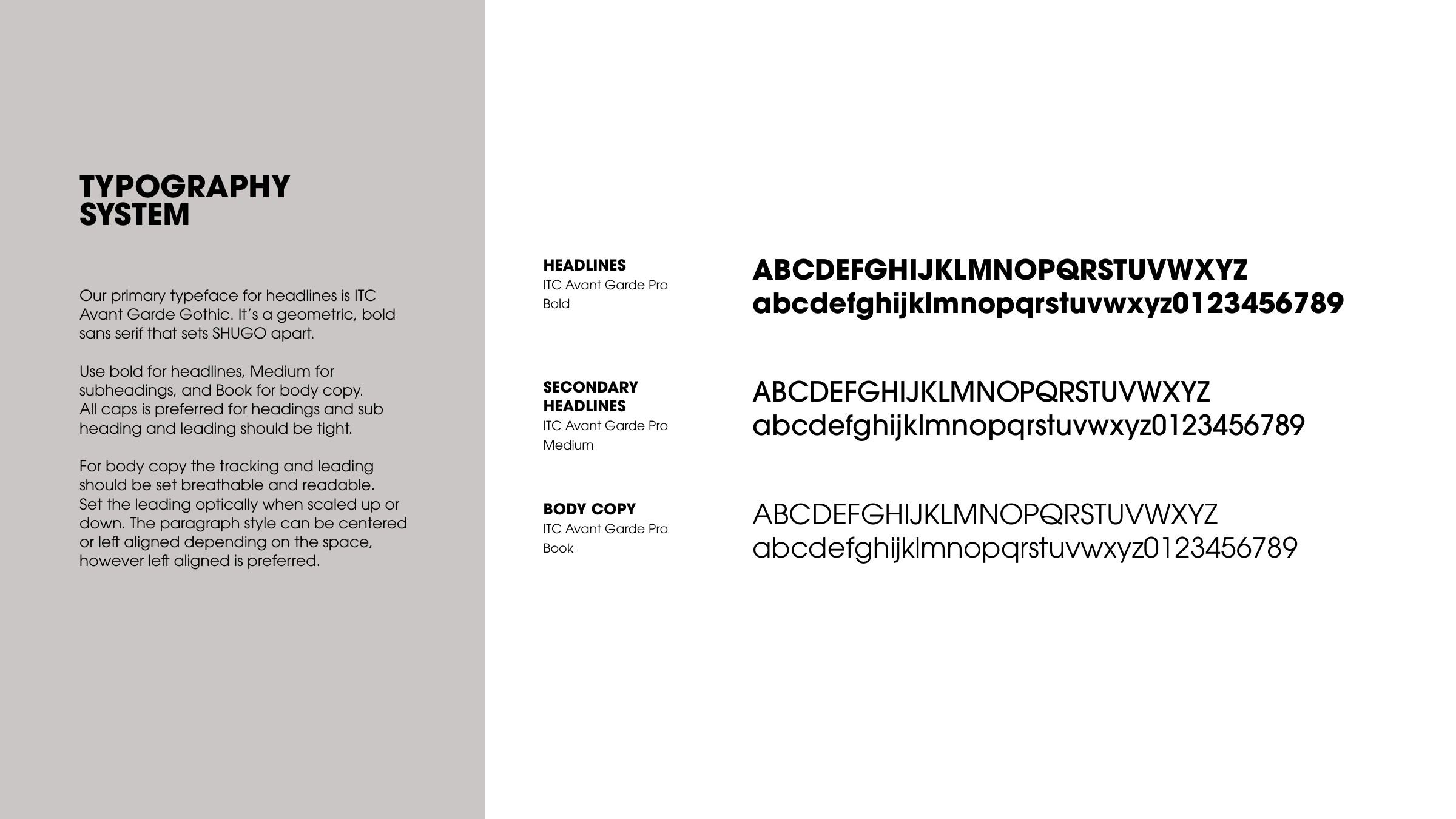 Typography system in ITC Avant Garde Pro, with headline, secondary headline, and body copy weights.