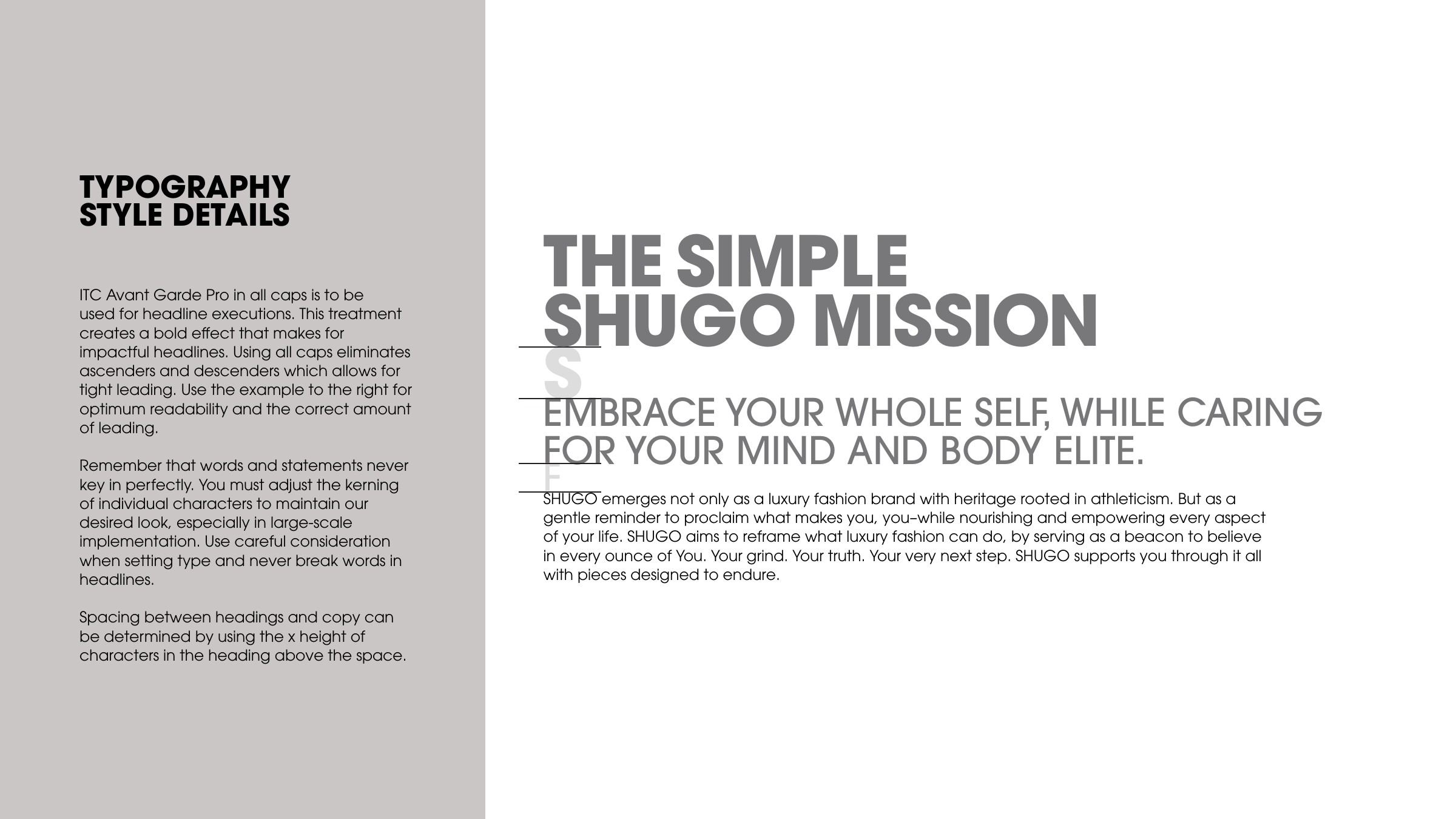 Typography style details, with a sample headline reading The Simple SHUGO Mission above body copy.