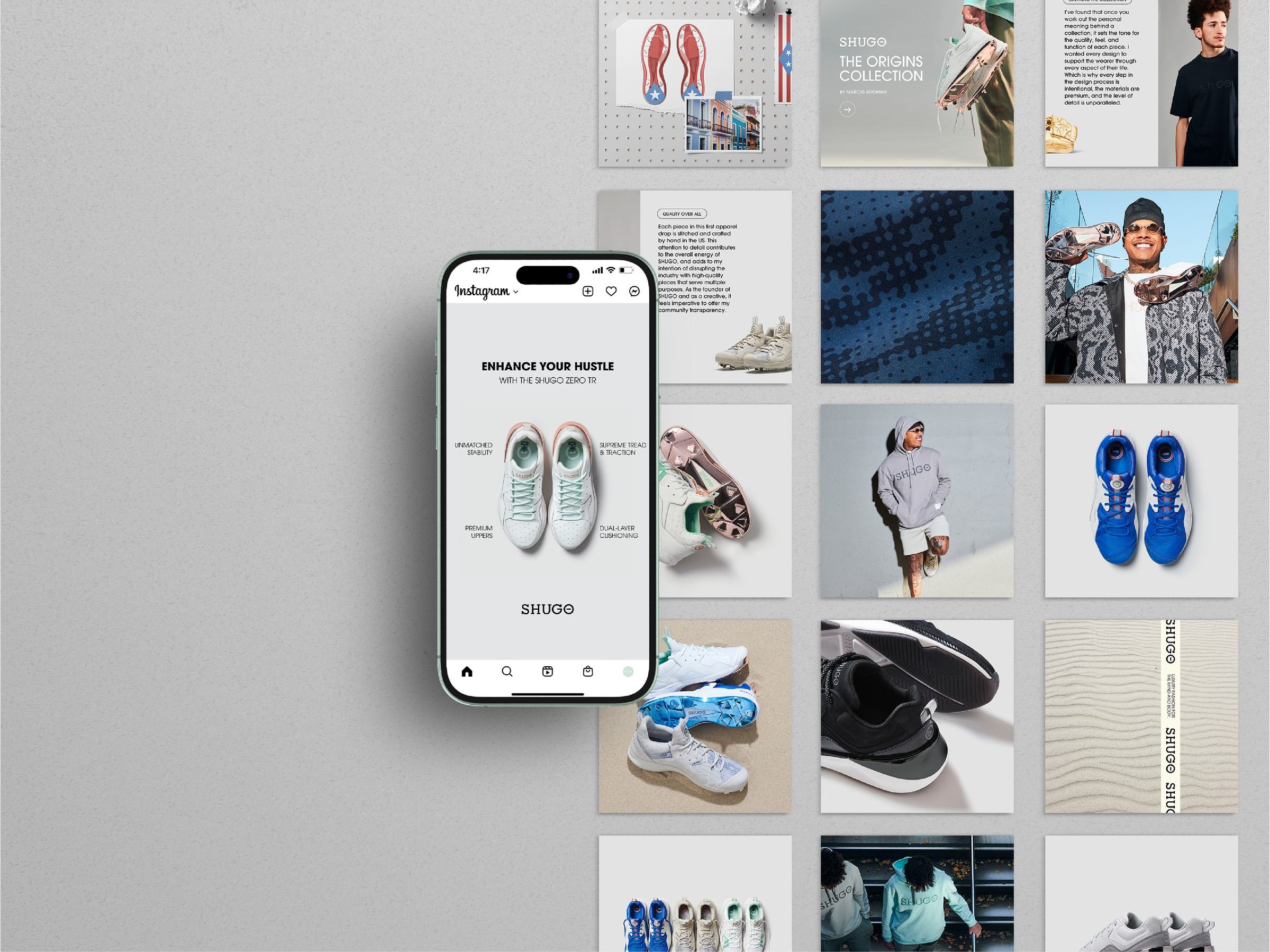 The identity applied to social media, a phone showing a SHUGO Instagram post beside a grid of product, lookbook, and campaign posts.