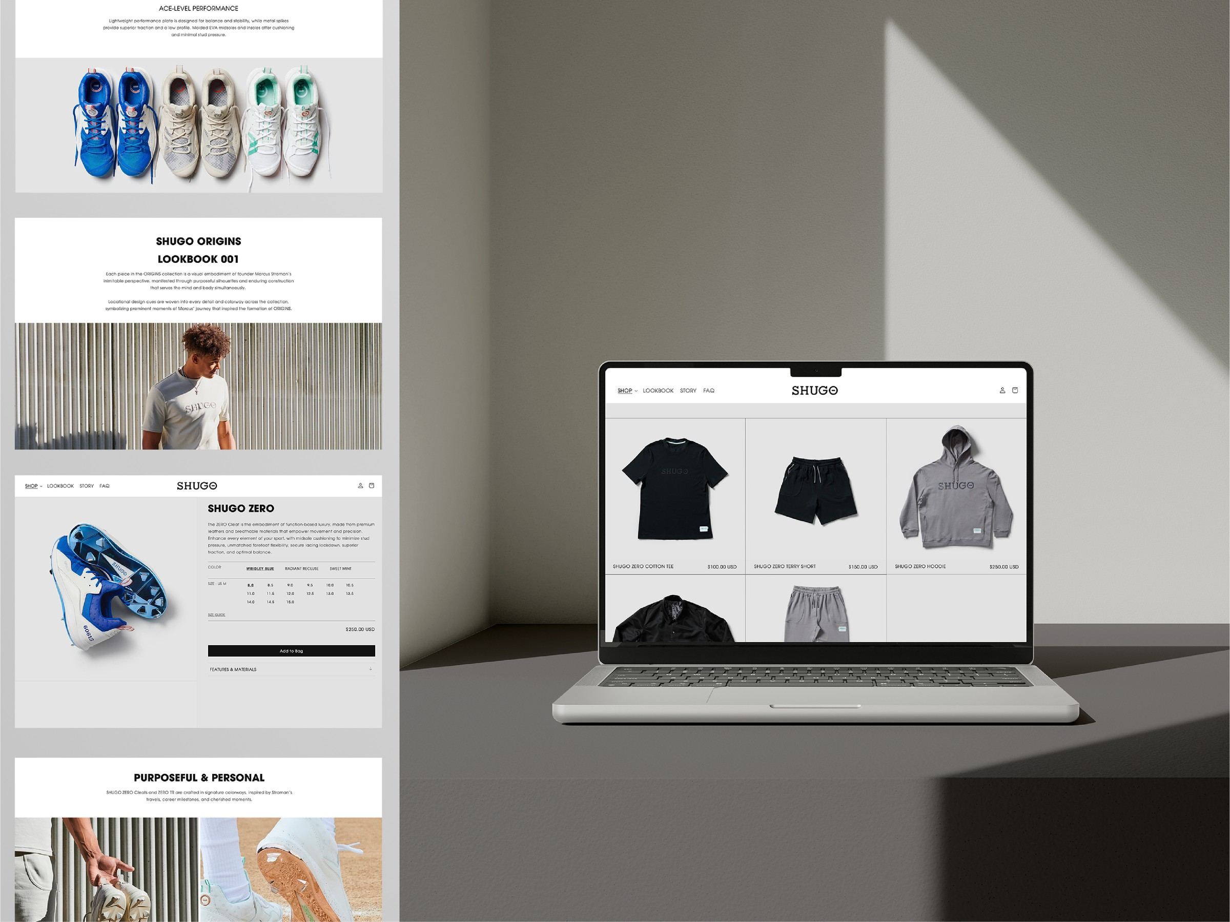 The identity applied to web, lookbook pages for SHUGO Origins and SHUGO Zero beside a laptop showing the SHUGO online store.