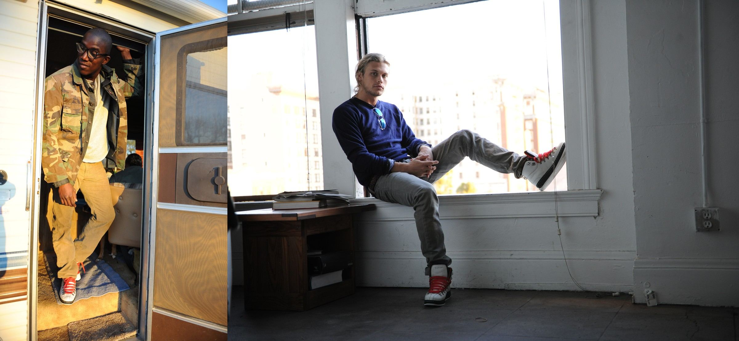 A man stepping out of a camper van door and a man sitting in a loft window, both wearing the white boots with red laces.