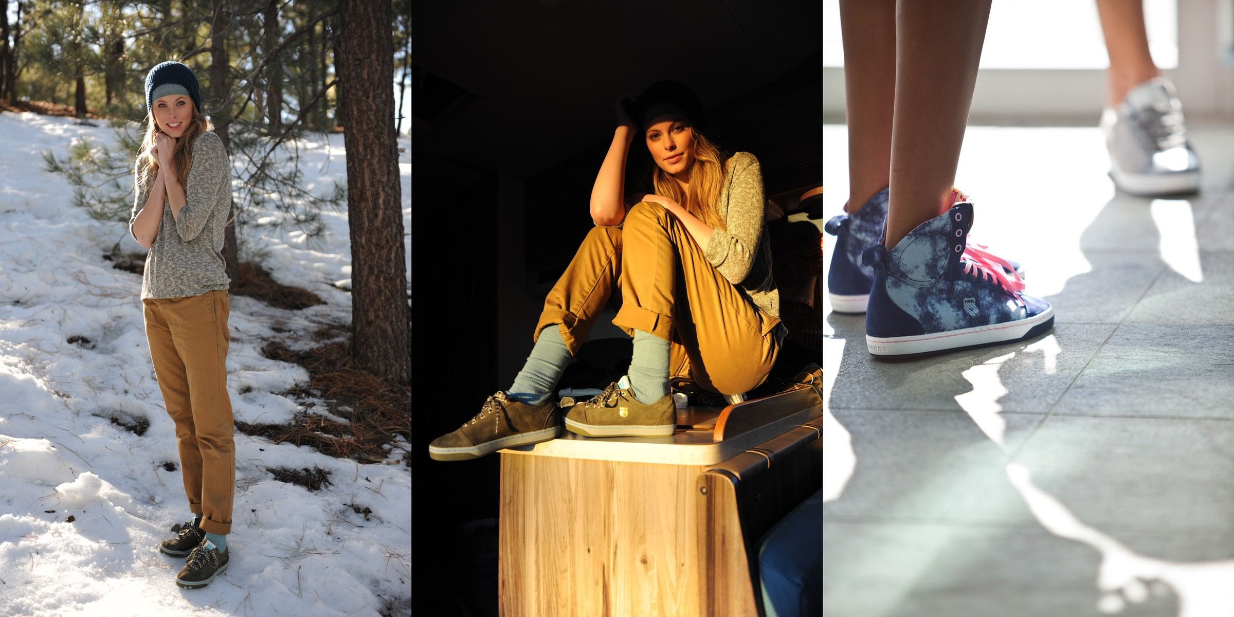 Three photoshoot images, a woman in the snow and a woman sitting on a log, both in suede lows, and a close crop of tie-dye mids on a tile floor.