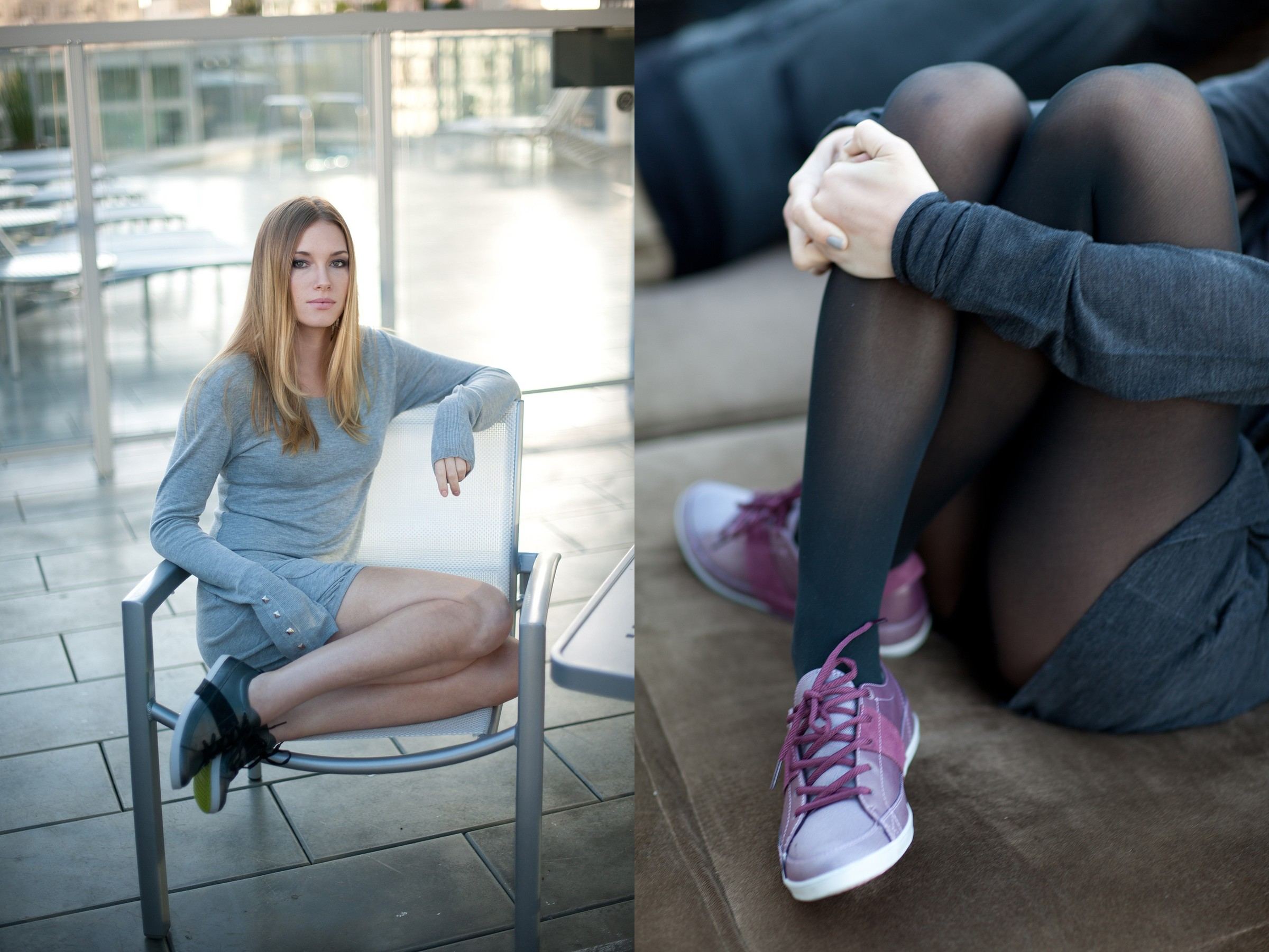 A woman in a grey sweater dress sitting on a terrace chair in black City Tennis sneakers, and a close crop of a woman in black tights wearing the lilac pair on a sofa.