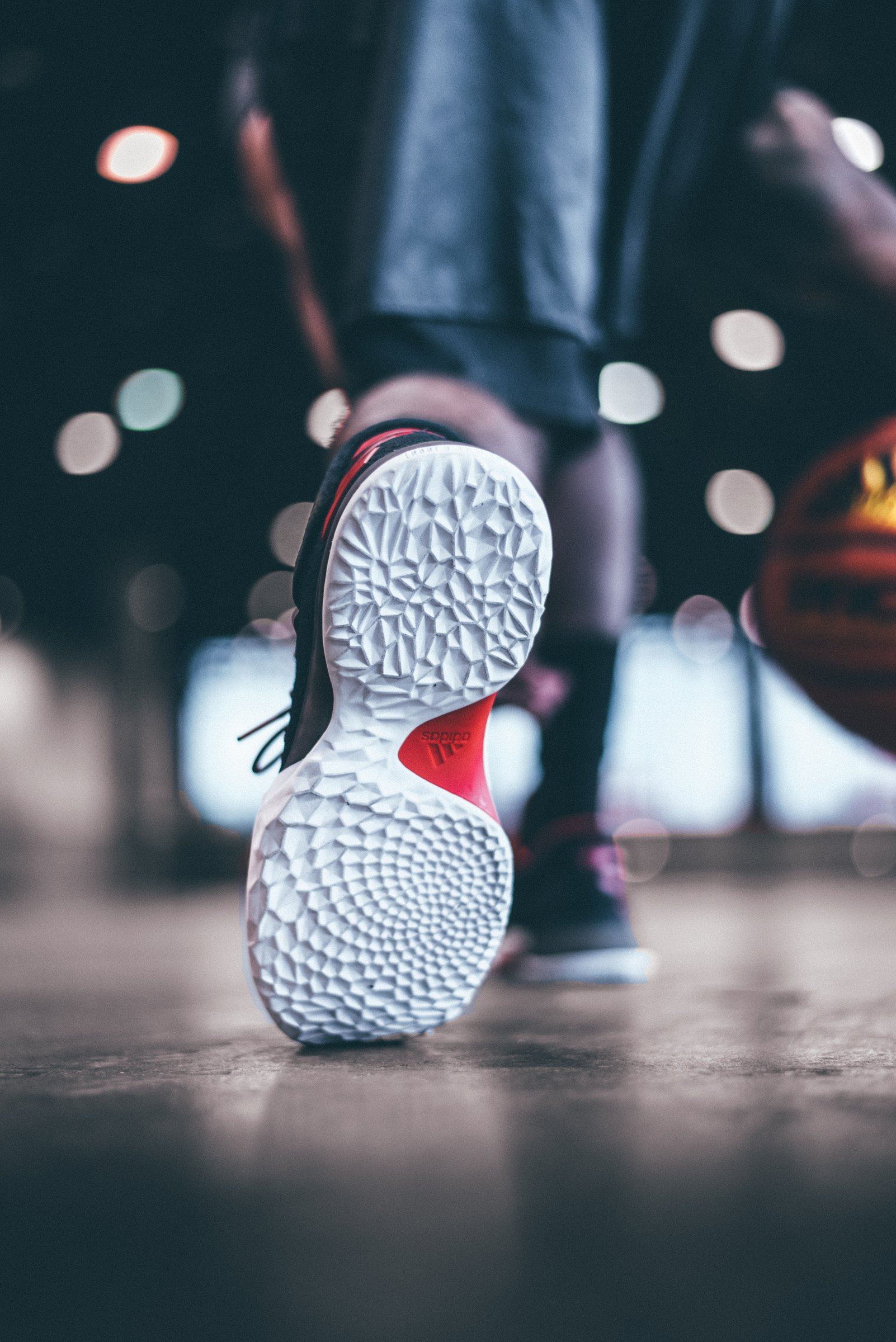 Outsole of the Harden Vol. 1 facing the camera as a player dribbles.