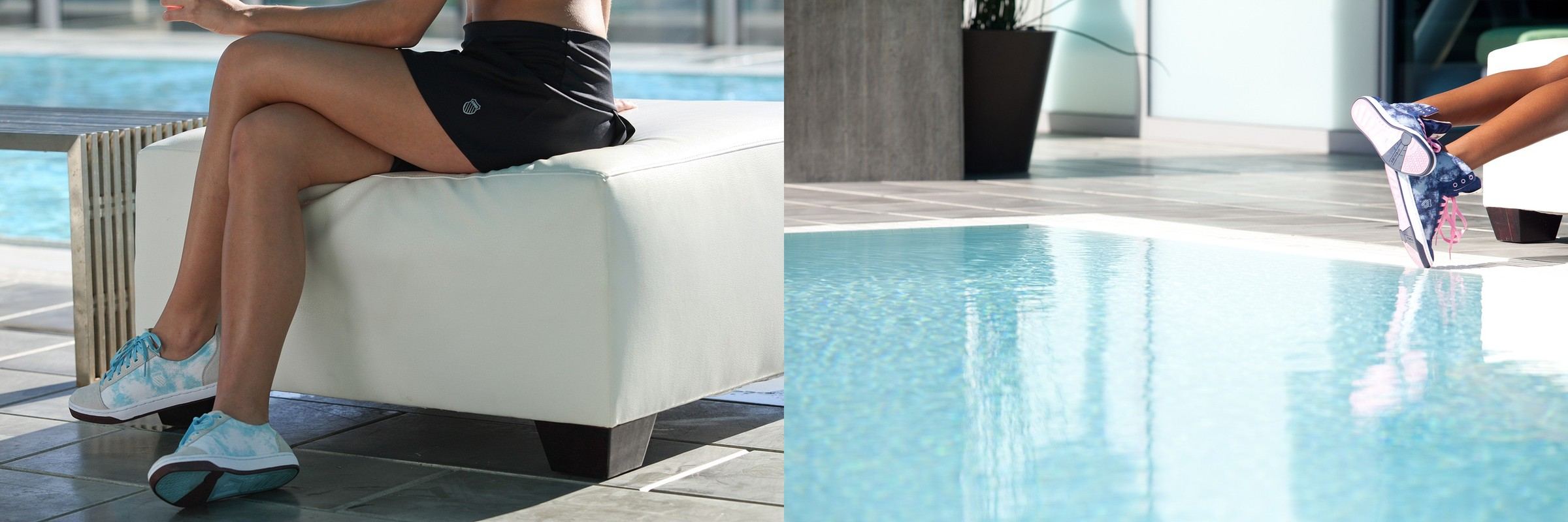 Two poolside photoshoot images, a woman sitting on a white ottoman in light blue Slyons, and a foot in a tie-dye mid over the water.