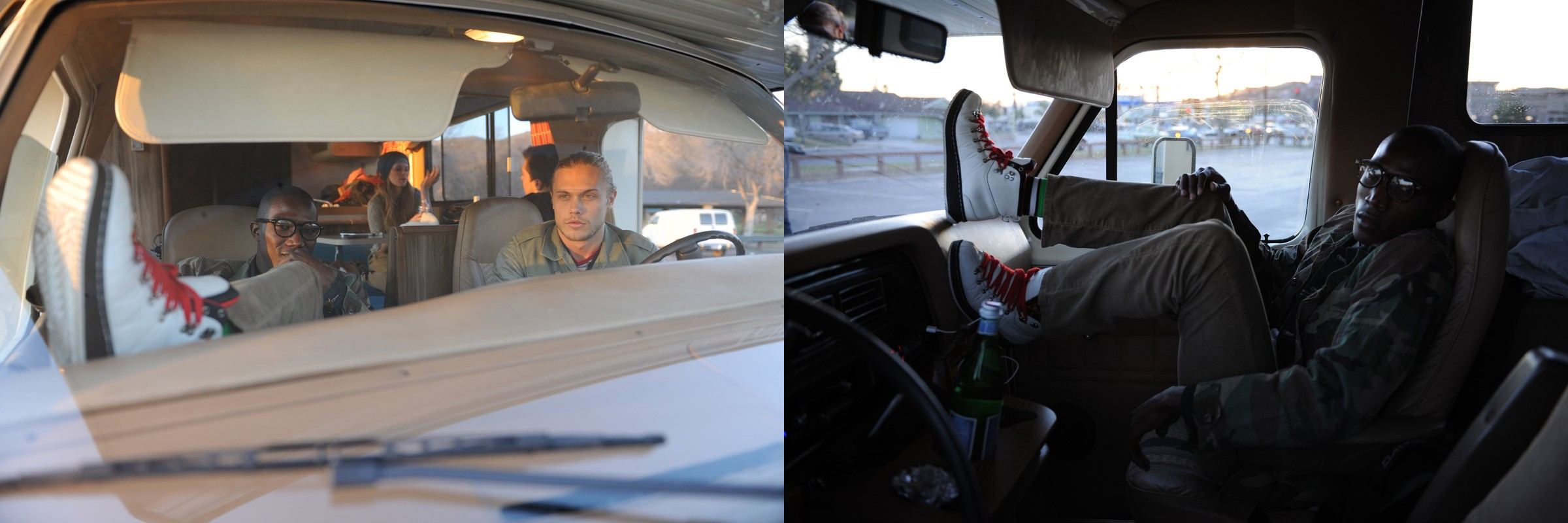 Two photoshoot images, white Alpine Classic Boots with red laces up on the dashboard of a camper van and of a truck.