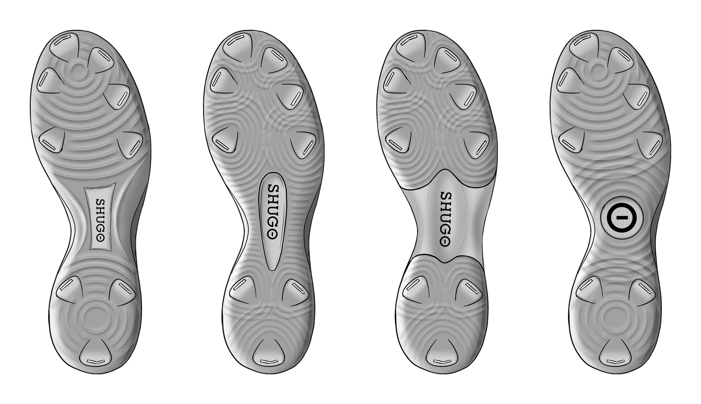 Four KAI 2 first-round plate sketches side by side in grey, each with a different stud layout and SHUGO branding.