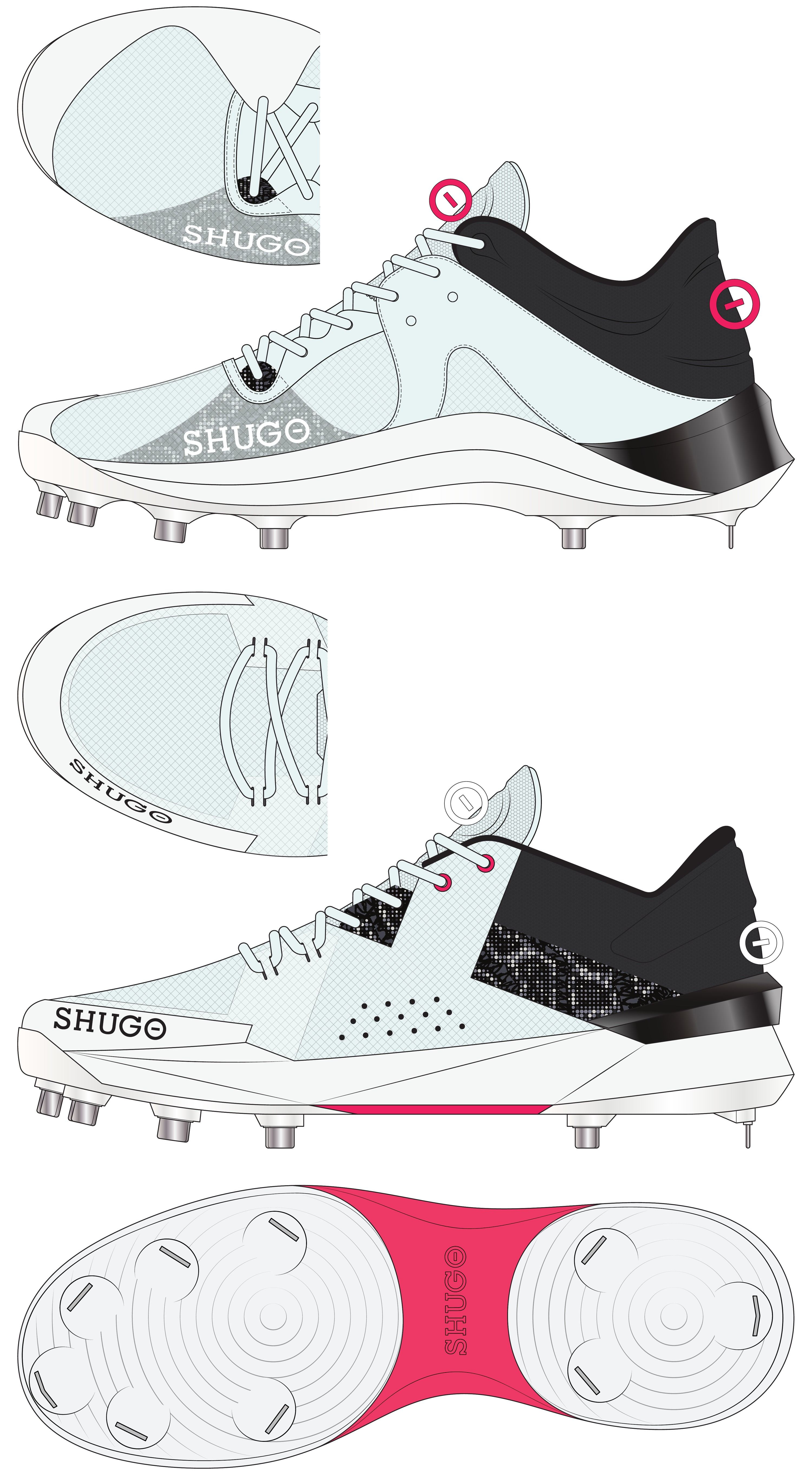 KAI 2 second-round drawings, the Fluid and Geometric laterals stacked with top-view insets, above the plate laid toe-left in white with a pink midfoot shank.