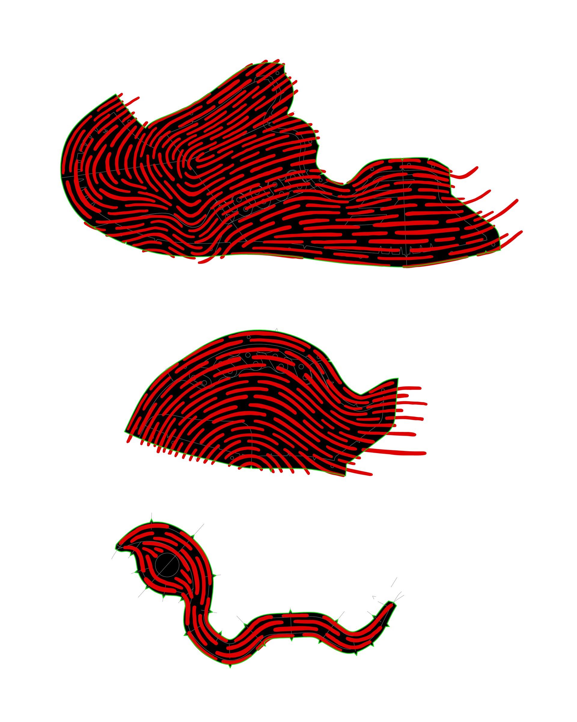 Harden LS knit design laid over the upper pattern pieces, with red flowing lines on black across the quarter, vamp, and collar.