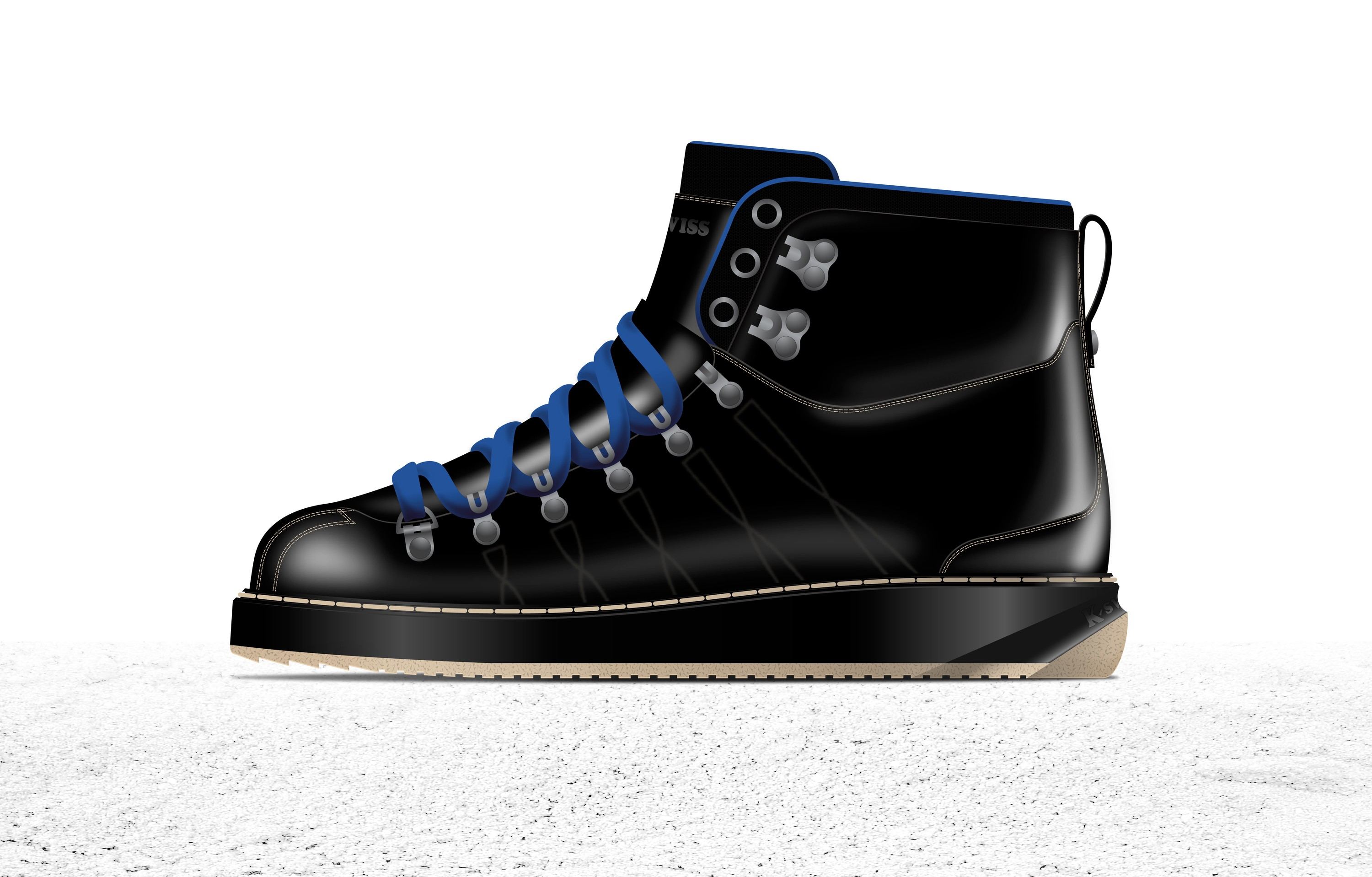 Render of the Alpine Classic Boot in black leather with blue laces, silver D-rings and a black and tan lug sole, standing on snow.