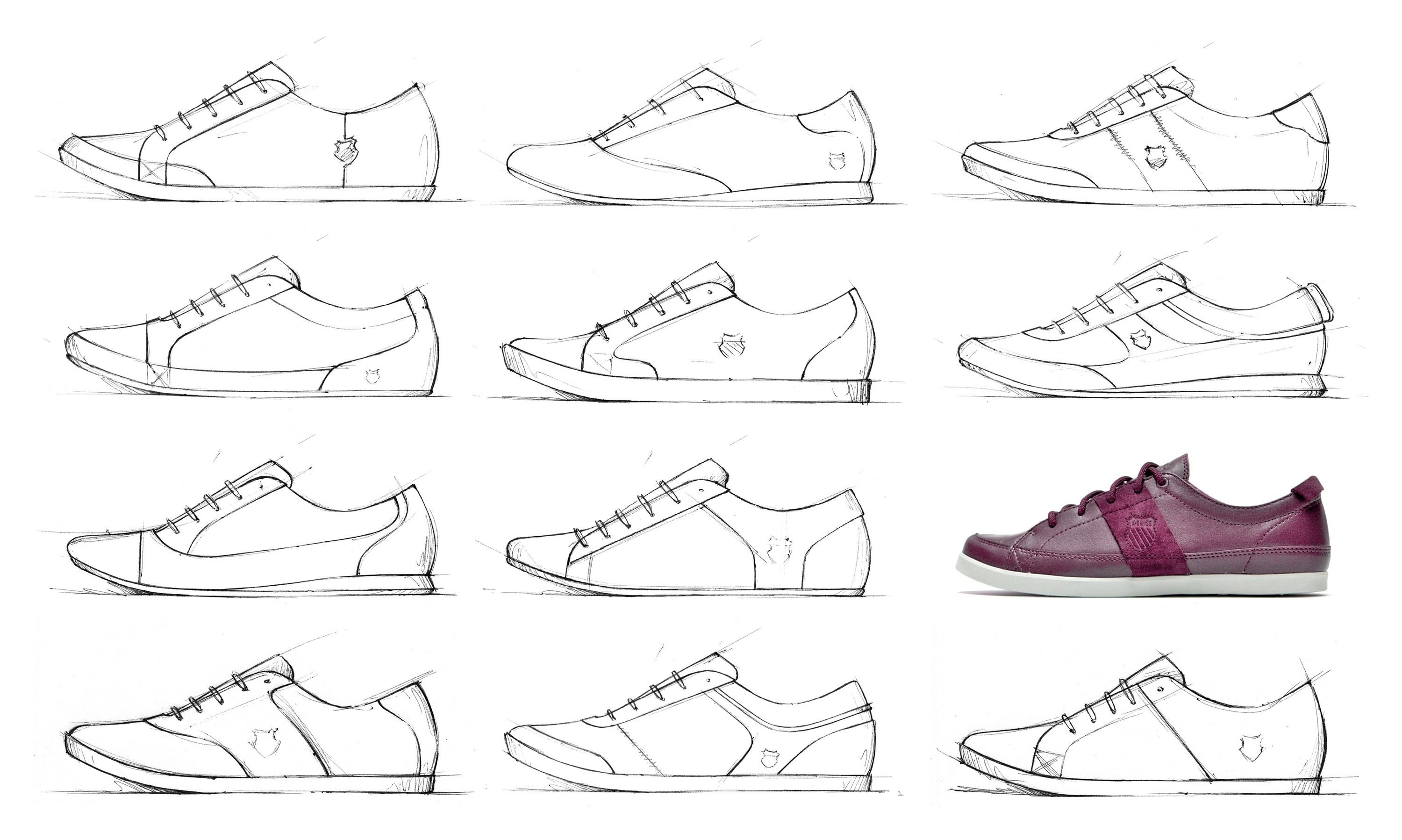 Twelve pencil side views of a slim, low-profile tennis sneaker in a grid, testing where the band, toe cap and shield sit, with a photo of the eggplant sample in place of one sketch.