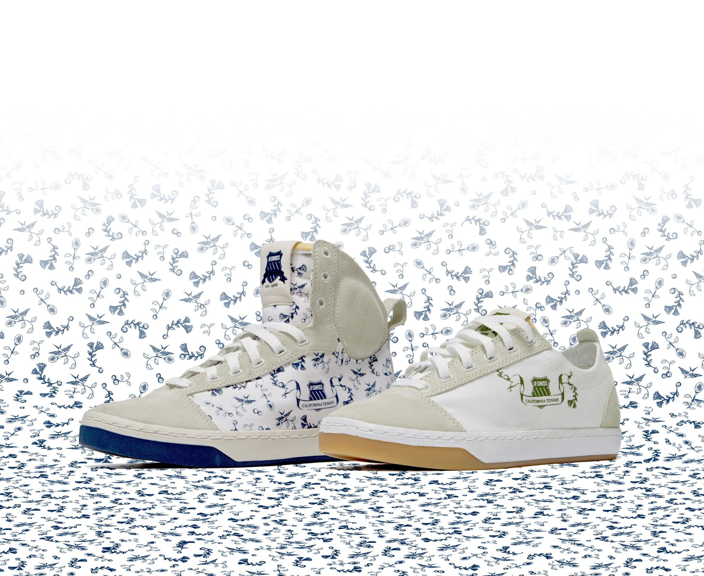 The Slyon mid in navy toile and the matching low in white canvas, standing on a field of the same toile print.