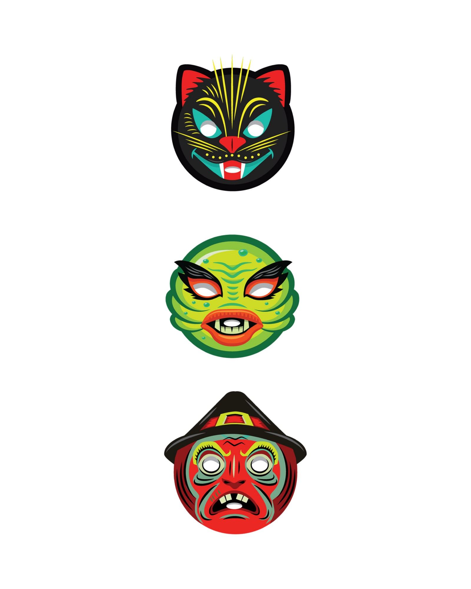 Three mask graphics stacked, a black cat, a green creature, and a red-faced figure in a hat.