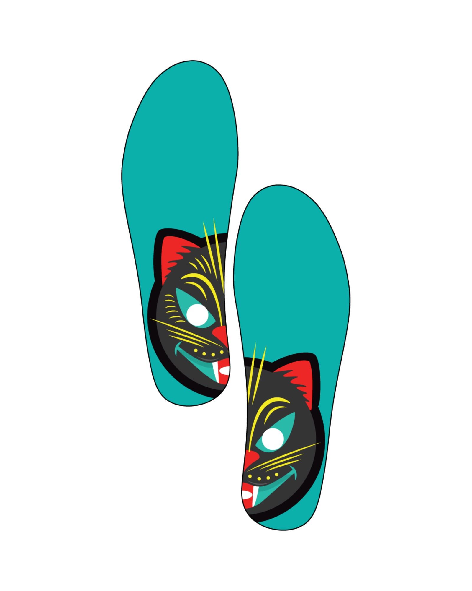 A pair of teal insoles printed with the black cat mask.