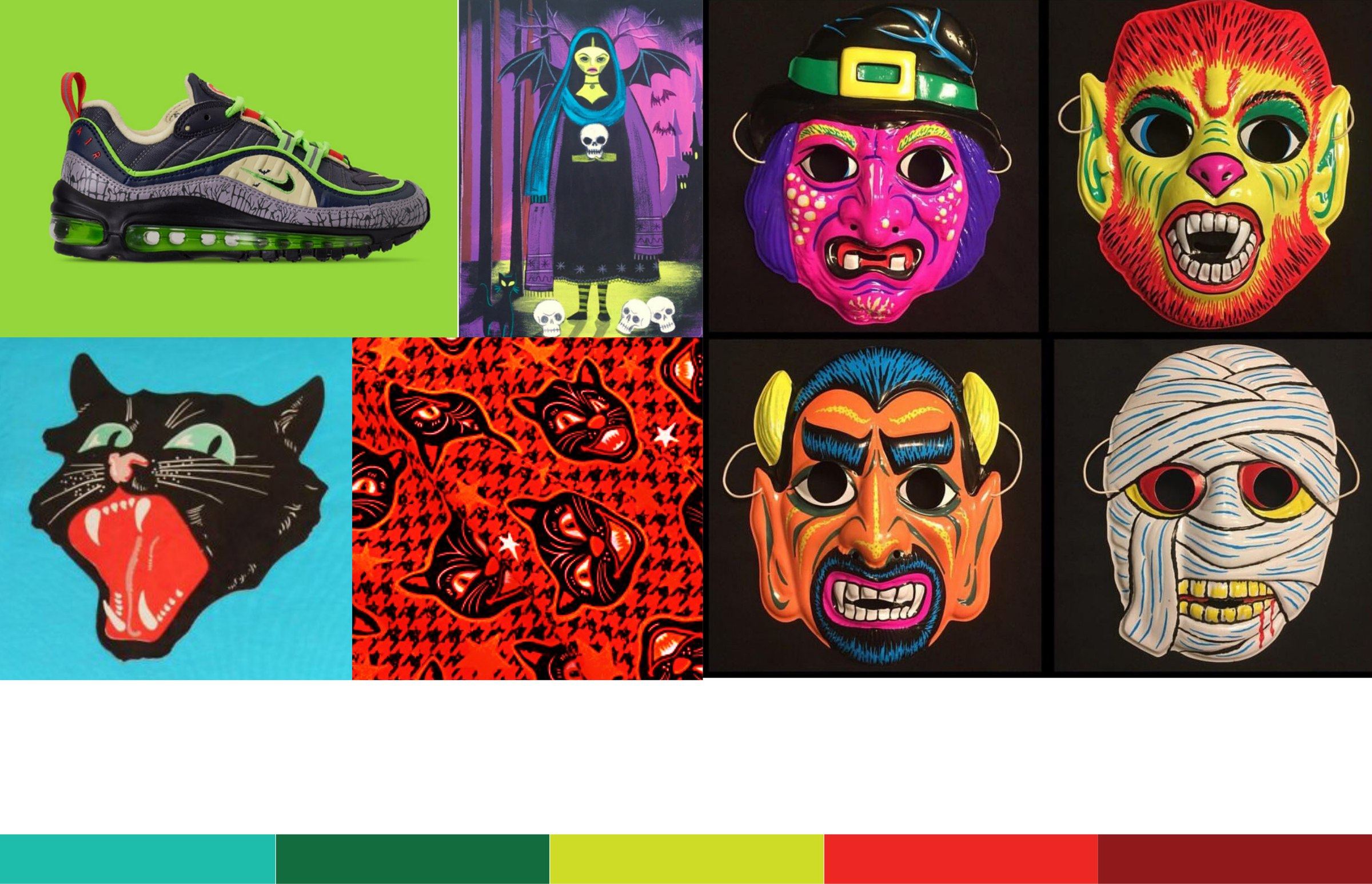 Mood board of vintage Halloween masks, a snarling black cat, a red patterned print, and a neon green sneaker, above a palette of teal, green, lime, red, and burgundy.