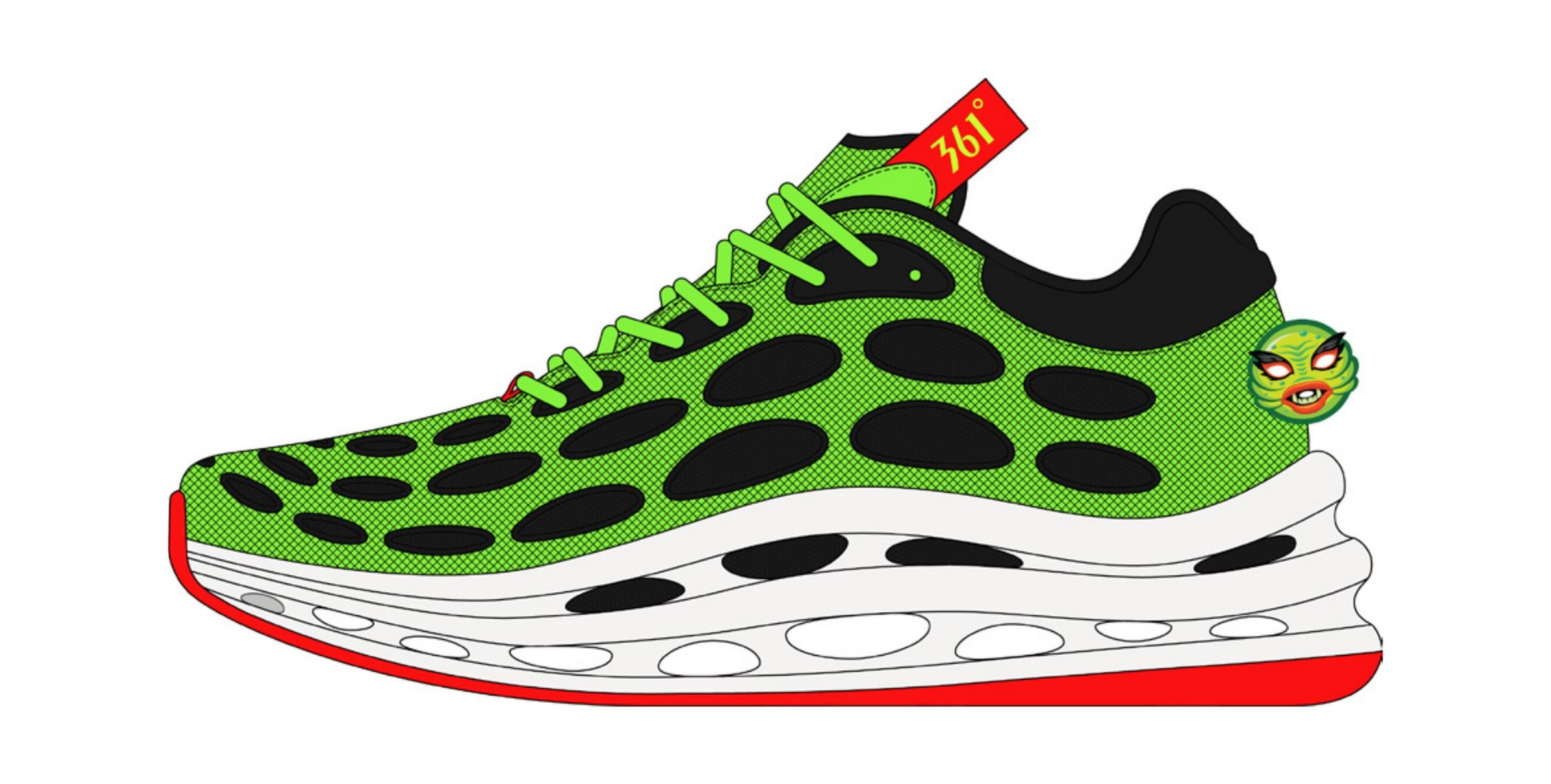 Halloween colorway, a green and black runner with a cellular upper, a white midsole, and the green creature mask at the heel.