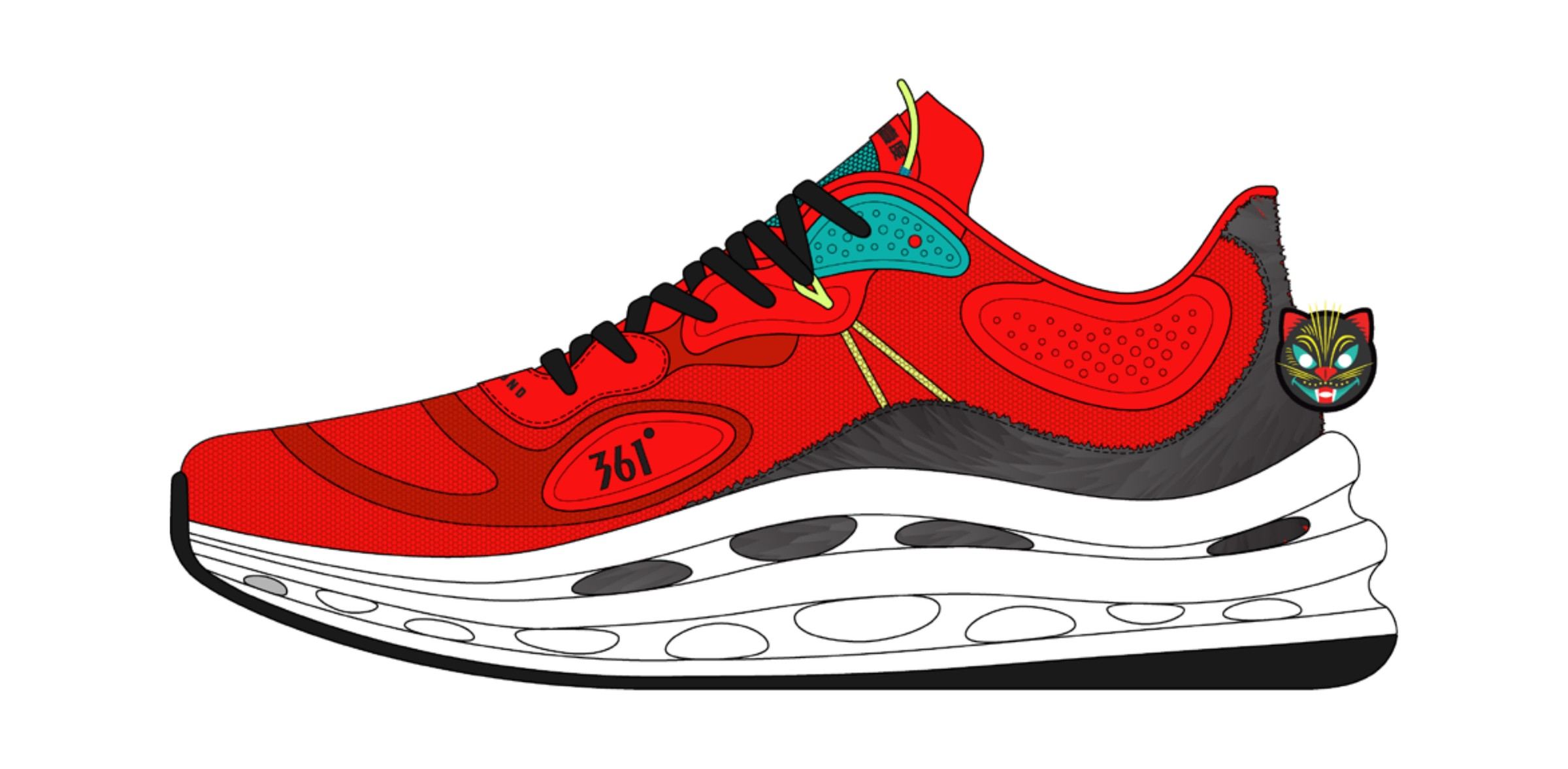 Halloween colorway, a red runner with a grey heel, a white midsole, and the black cat mask at the heel.