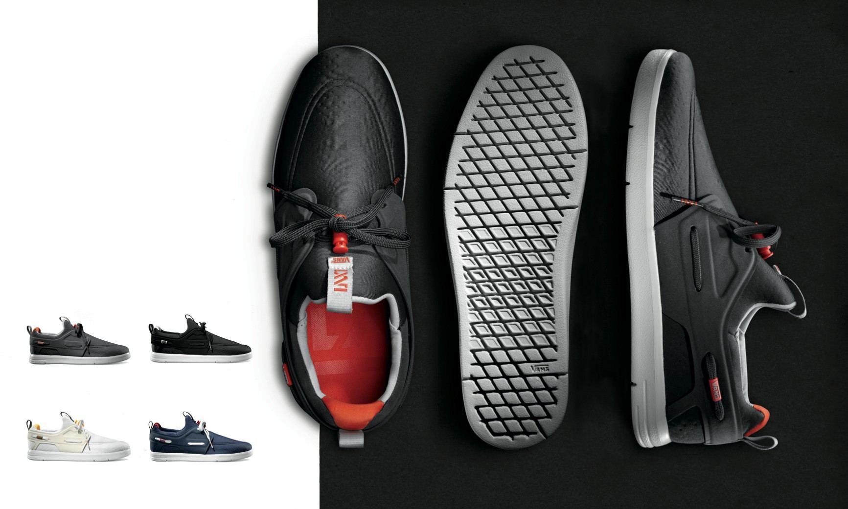 The Meter boat shoe in black from the top, bottom and side on black, beside smaller views of the black, cream and navy colorways.