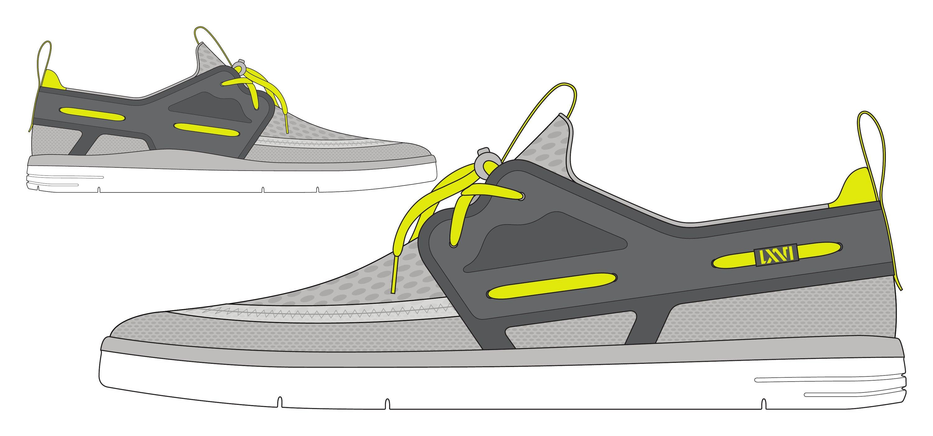 Color drawing of the Meter in grey with a charcoal cage and lime laces and heel loop, lateral and medial.
