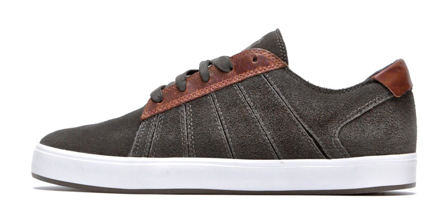 The Mid-City Low in grey suede with a brown leather collar and heel and a white sole.
