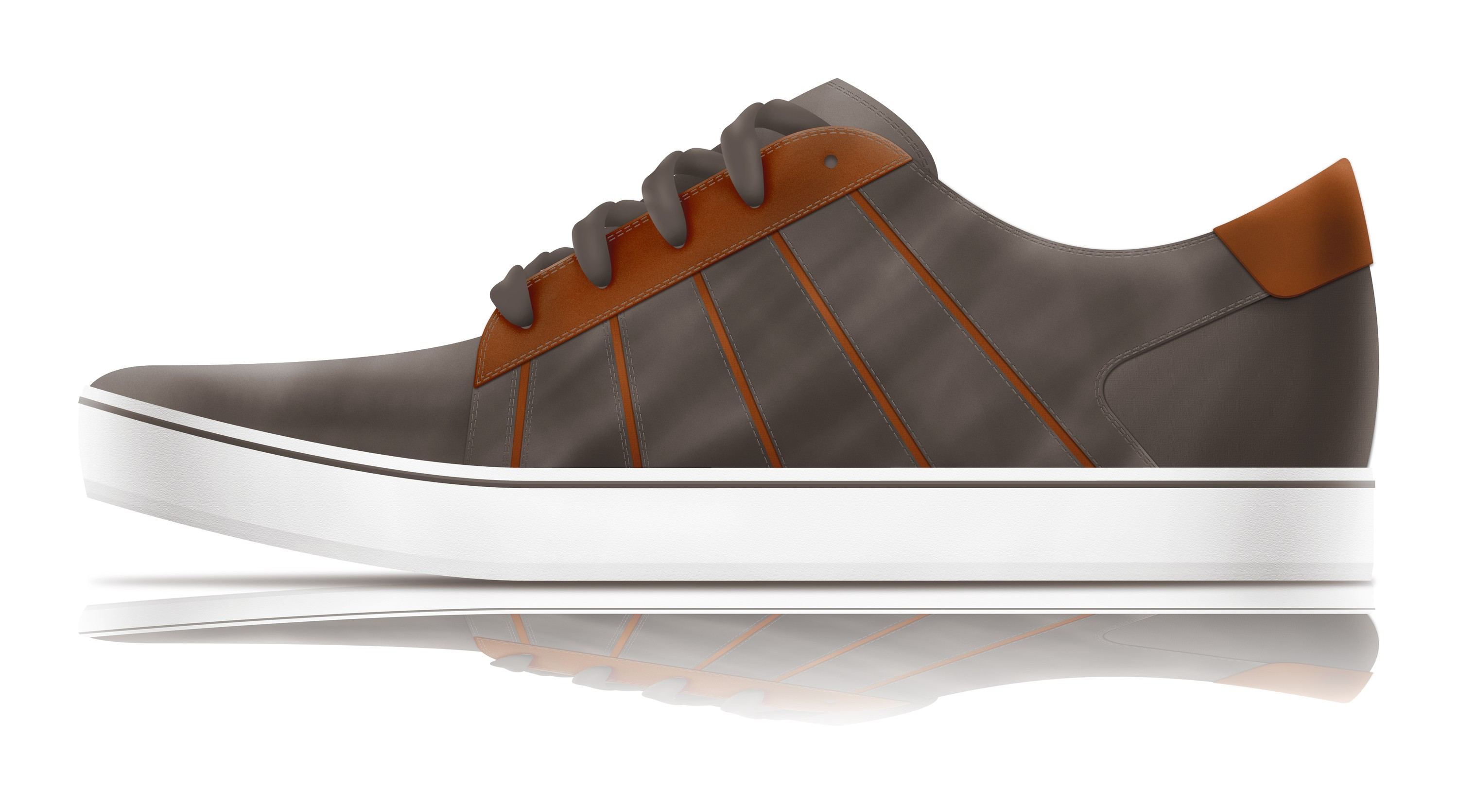 Render of the Mid-City Low in grey-brown suede with orange stripes and a brown leather heel.