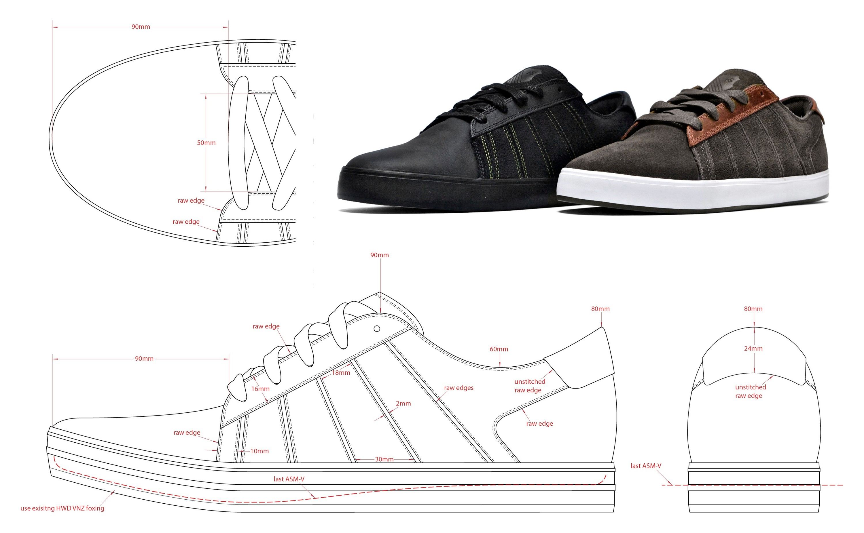 Tech drawings of the Mid-City Low, side, heel and top, beside the black leather and grey suede samples.