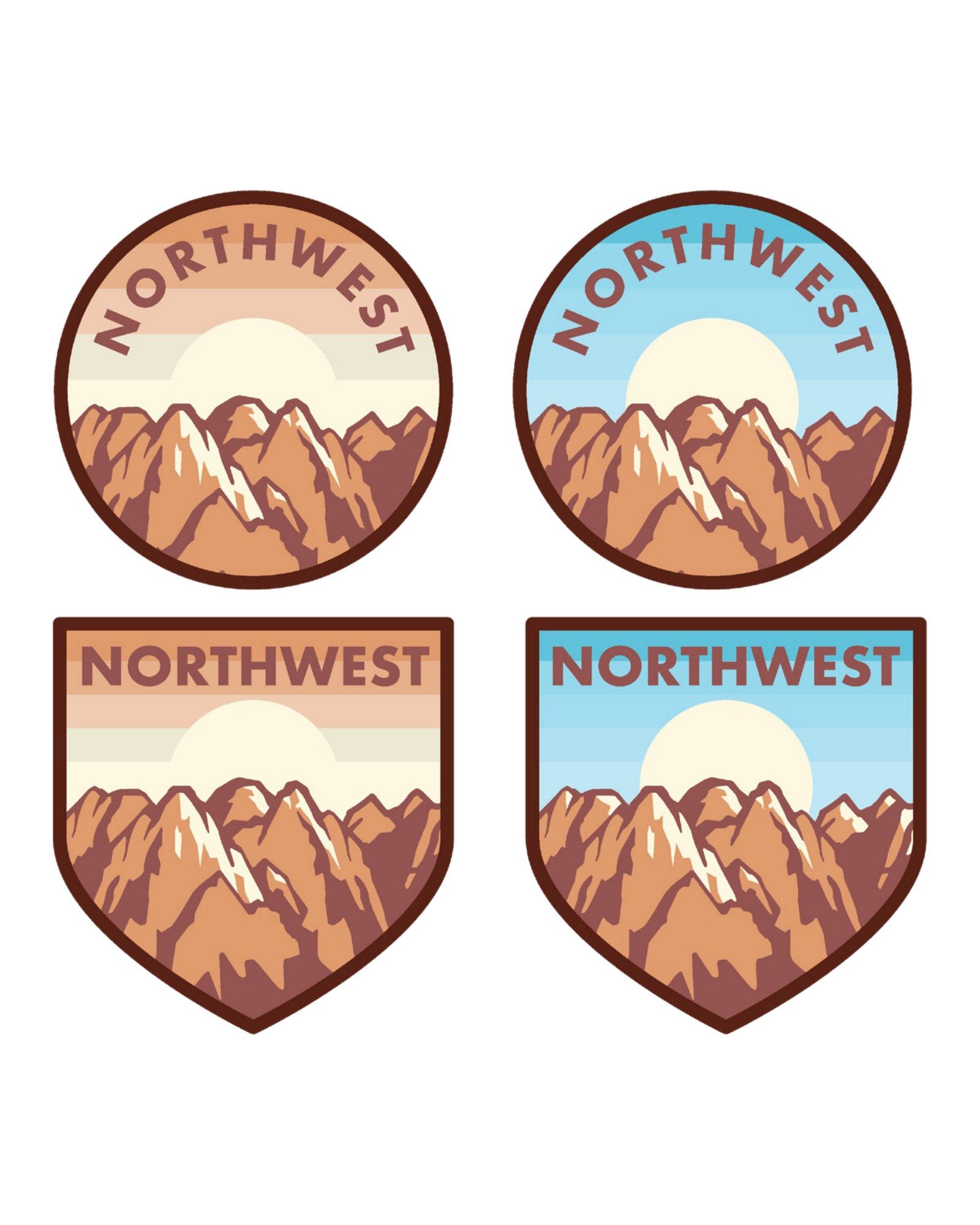 Four Northwest badges, two round and two shield-shaped, each with brown mountain peaks under a pale sun.