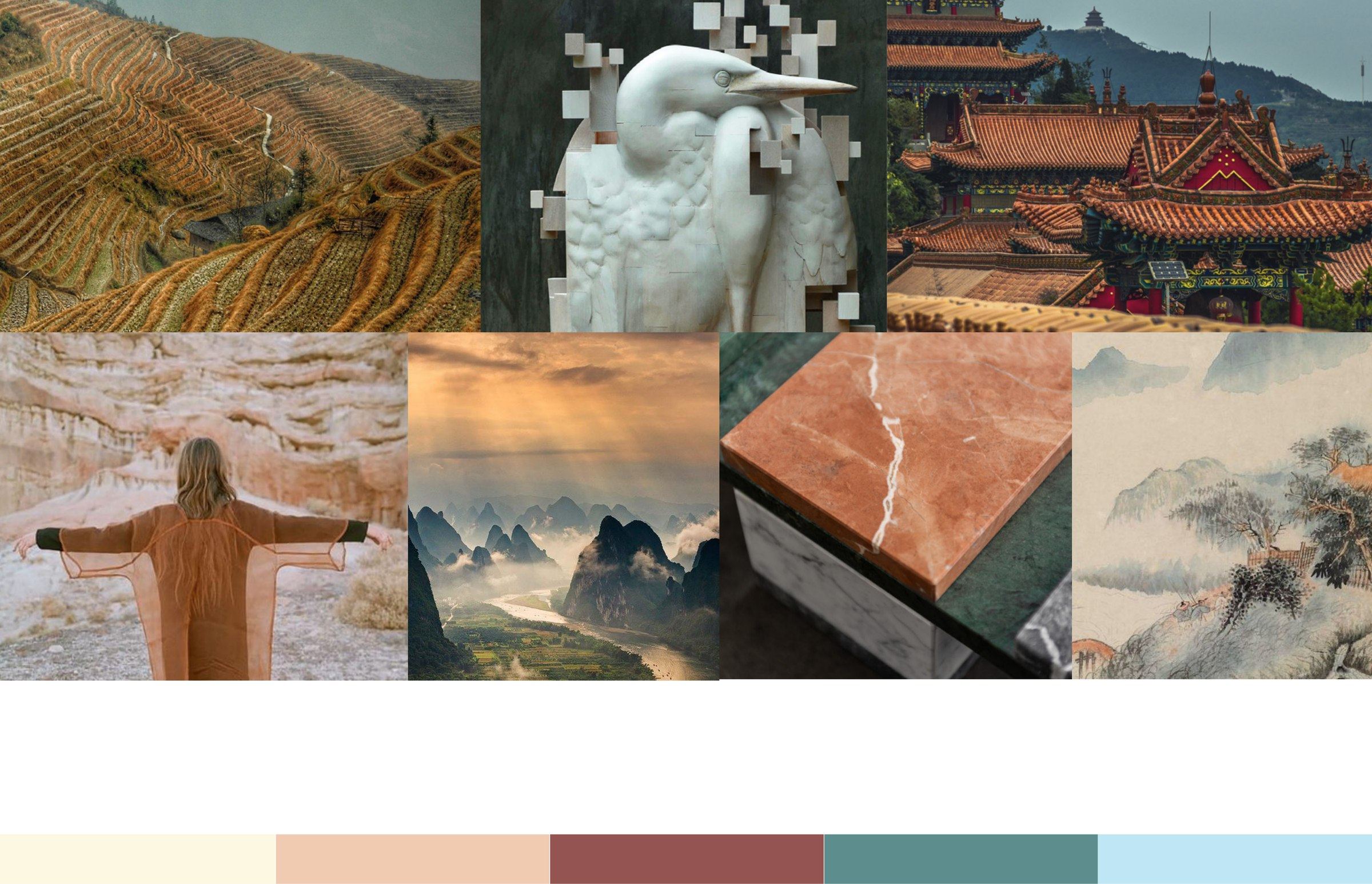 Mood board of terraced hills, a white heron sculpture, a temple roof, misty mountains, and marble, above a palette of cream, peach, brick, sage, and pale blue.