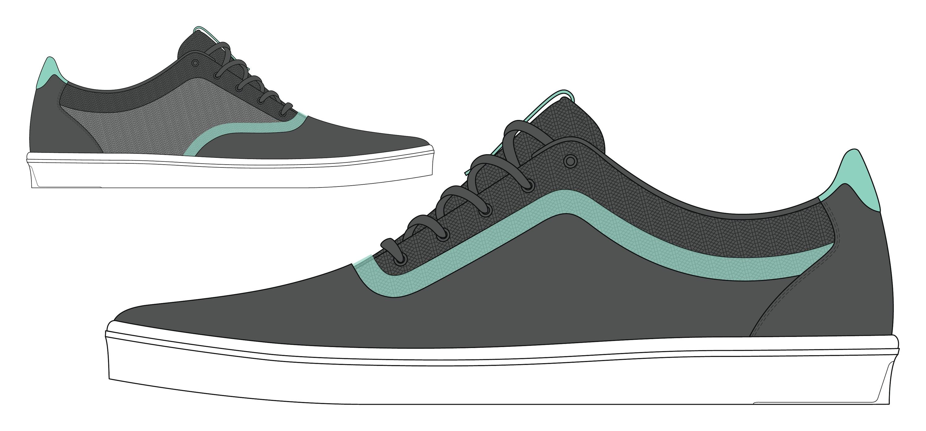 Color drawing of the Numeral in charcoal with a mint side stripe and heel, lateral and medial.