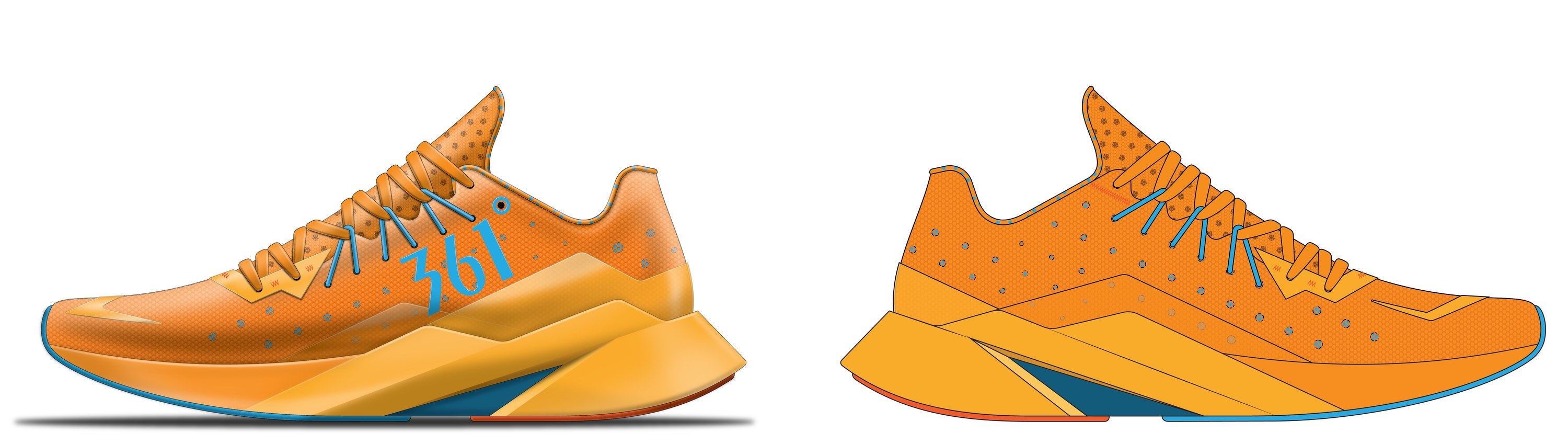 Design A in orange, a rendered lateral side with a perforated upper and a blue 361° logo next to the line-art medial side.