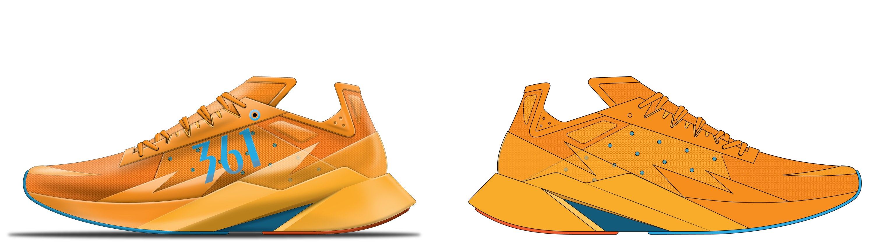 Design B in orange, a rendered lateral side with a cut-away heel and a blue 361° logo next to the line-art medial side.