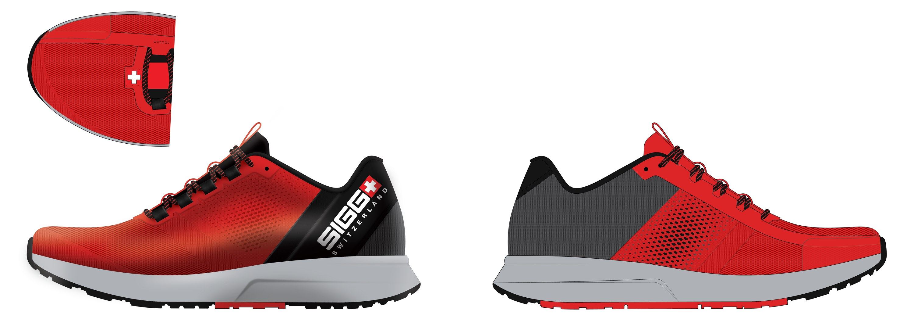 City Run A rendering in red fading to black, with a SIGG Switzerland logo on the heel, shown from both sides with a top-down view of the toe.