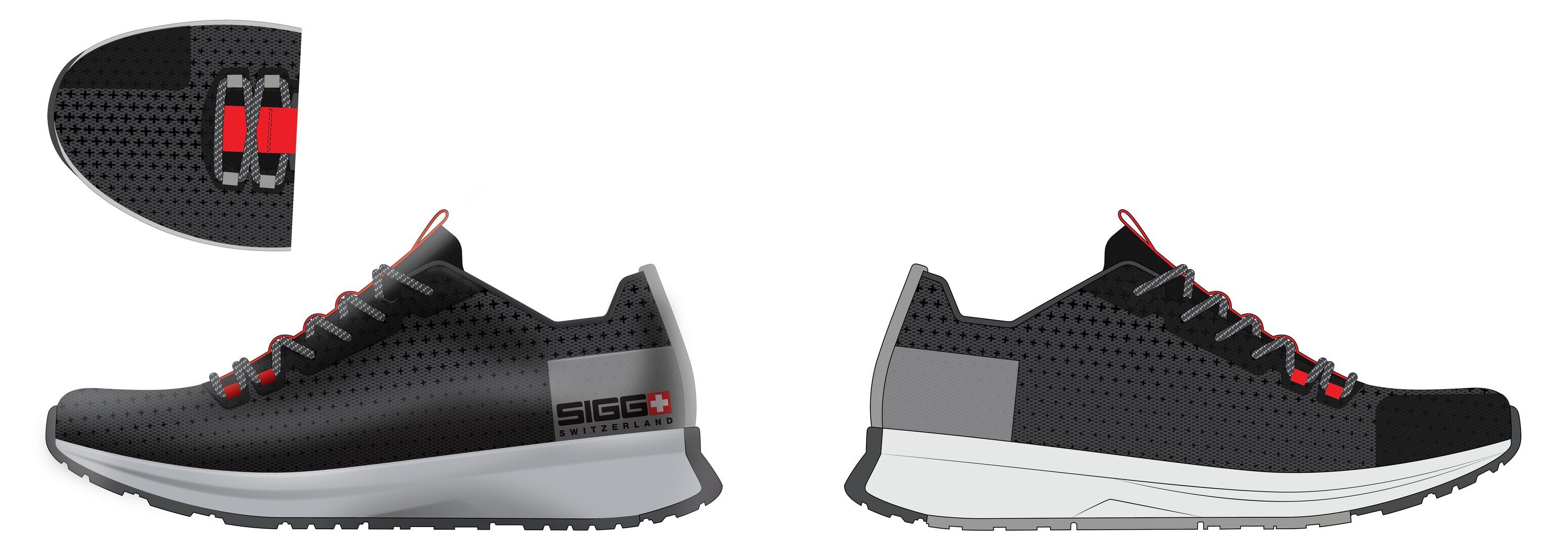 City Run B rendering in black perforated mesh with a grey heel panel, shown from both sides with a top-down view of the toe.