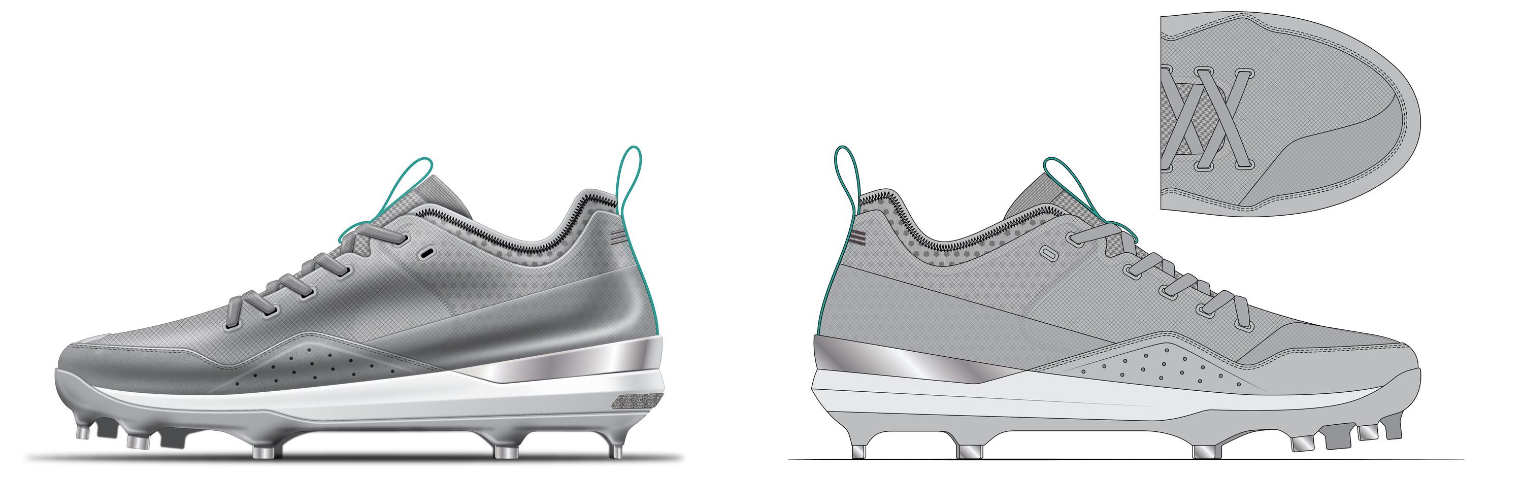 Second-round render of a grey low-cut cleat with a mint heel pull tab and white midsole, lateral and medial views side by side, with a top view of the lacing.