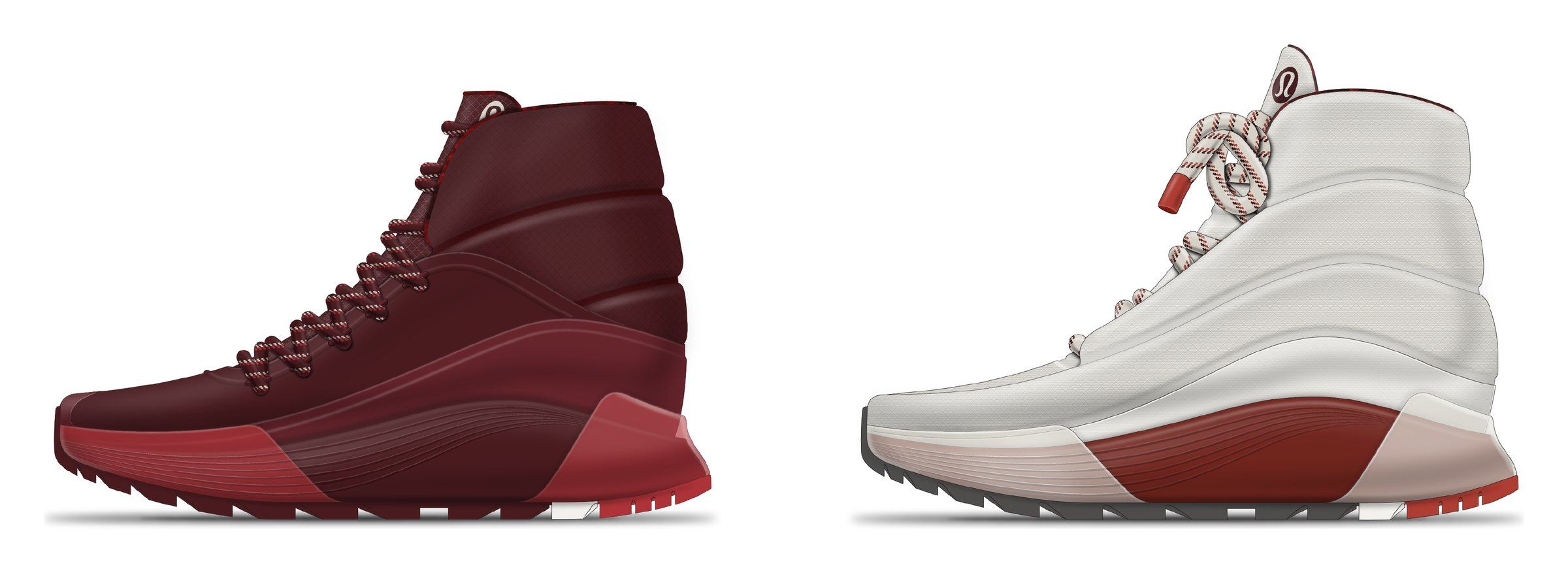 Side-view renders of the boot in two colorways, deep red for the opening ceremony and cream for the closing ceremony.