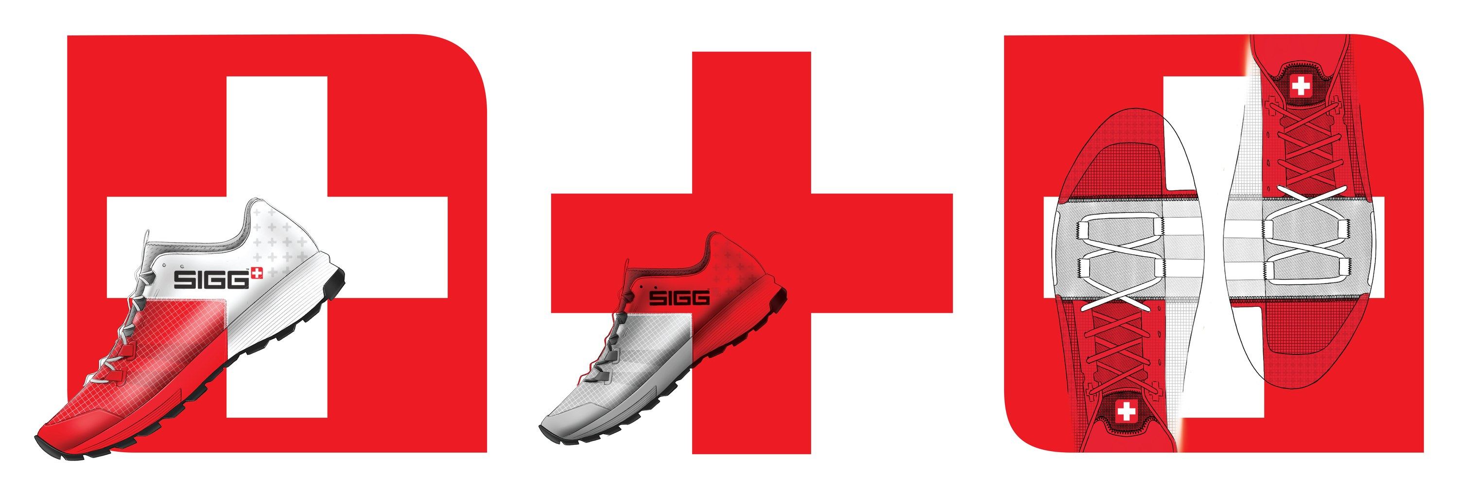 Three ad concepts built on the Swiss cross, a red and white shoe on a red flag tile, a red and white trail shoe over a red cross, and two shoes from above laced across the white cross.