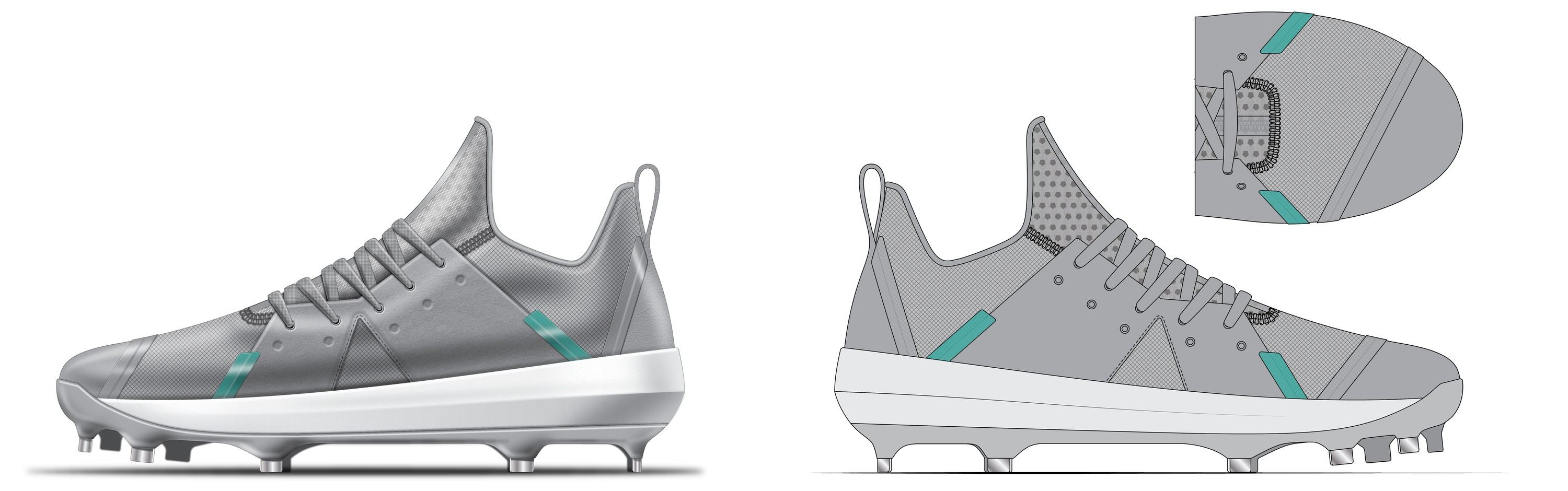Second-round render of a grey cleat with mint stripes across the upper and a white midsole, lateral and medial views side by side, with a top view of the lacing.